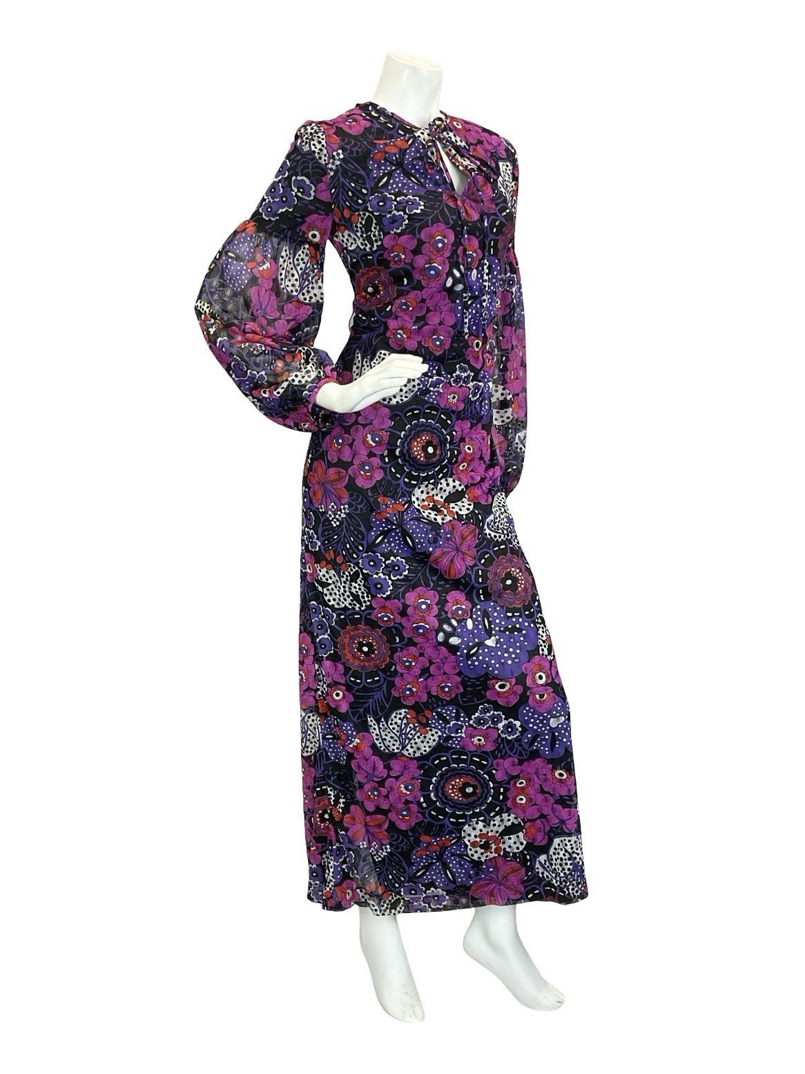 VTG 60S 70S PURPLE BLACK WHITE PSYCHEDELIC FLORAL JULIET SLEEVE MAXI DRESS 10