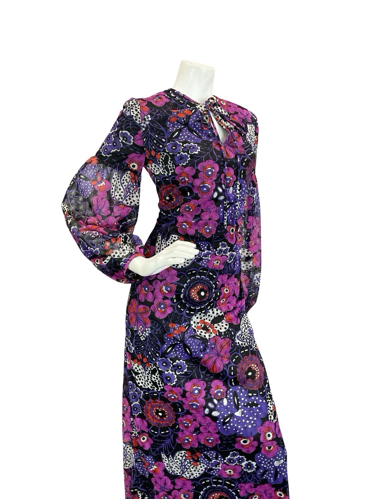 VTG 60S 70S PURPLE BLACK WHITE PSYCHEDELIC FLORAL JULIET SLEEVE MAXI DRESS 10