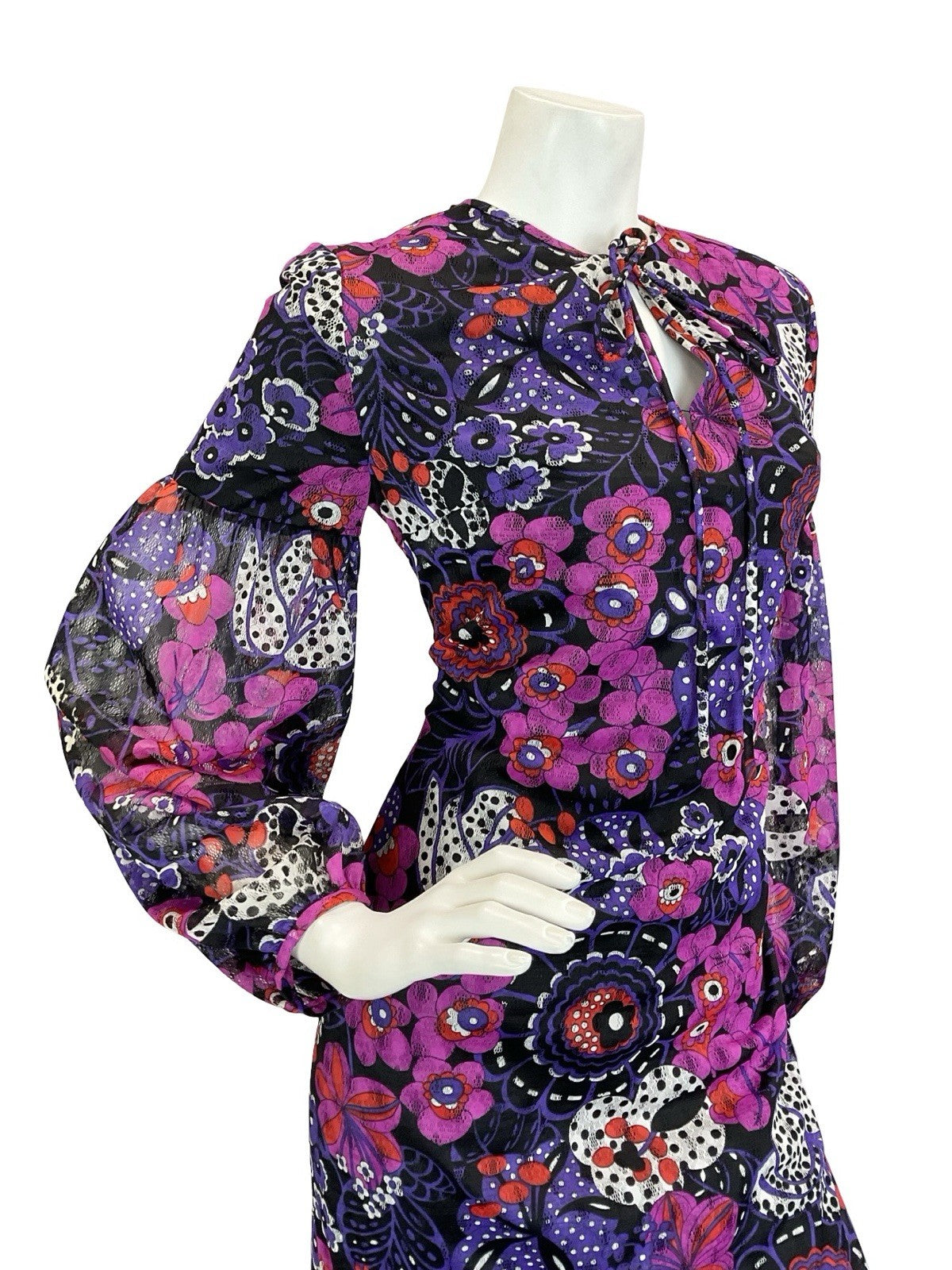 VTG 60S 70S PURPLE BLACK WHITE PSYCHEDELIC FLORAL JULIET SLEEVE MAXI DRESS 10