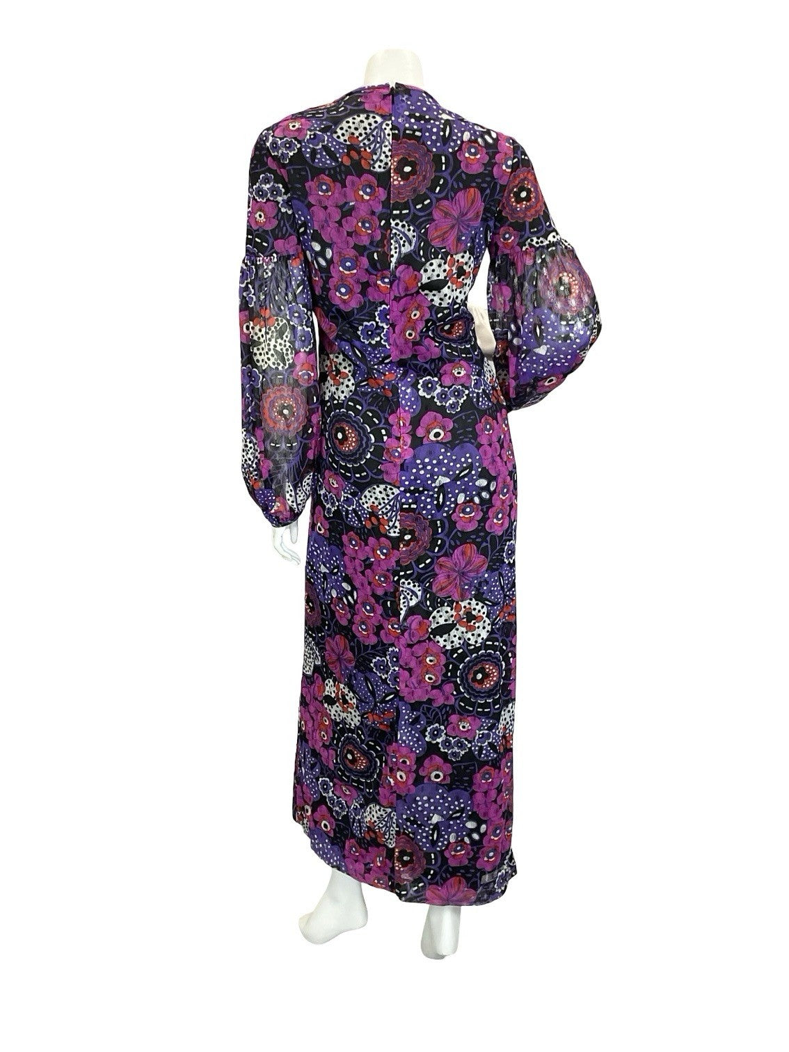 VTG 60S 70S PURPLE BLACK WHITE PSYCHEDELIC FLORAL JULIET SLEEVE MAXI DRESS 10