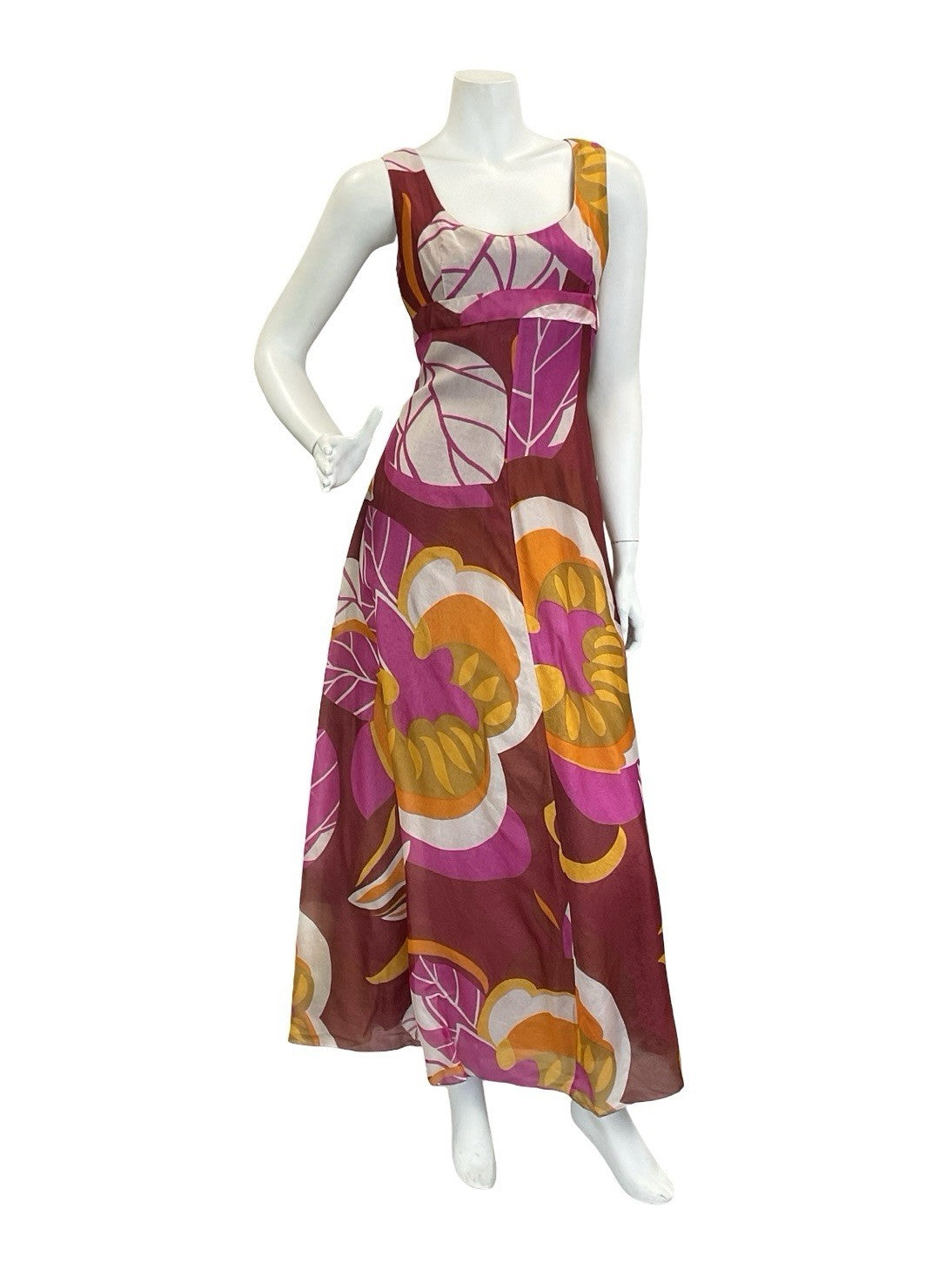 VTG 60S 70S RED WHITE PINK ORANGE FLORAL EMPIRE PSYCHEDELIC MAXI DRESS 10