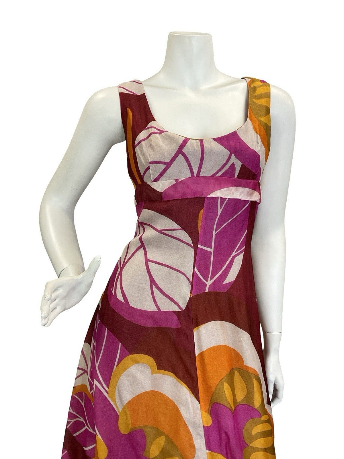 VTG 60S 70S RED WHITE PINK ORANGE FLORAL EMPIRE PSYCHEDELIC MAXI DRESS 10
