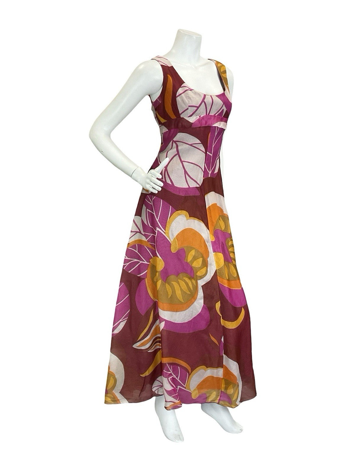 VTG 60S 70S RED WHITE PINK ORANGE FLORAL EMPIRE PSYCHEDELIC MAXI DRESS 10