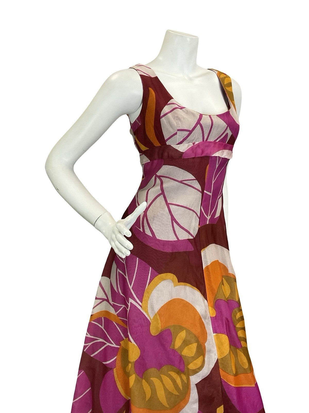 VTG 60S 70S RED WHITE PINK ORANGE FLORAL EMPIRE PSYCHEDELIC MAXI DRESS 10