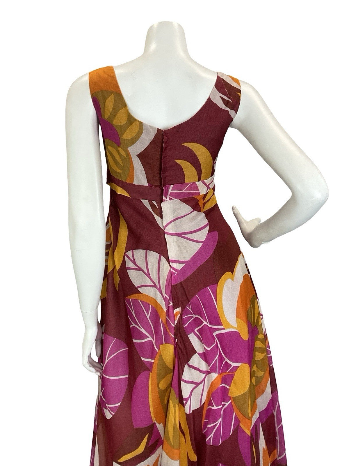 VTG 60S 70S RED WHITE PINK ORANGE FLORAL EMPIRE PSYCHEDELIC MAXI DRESS 10