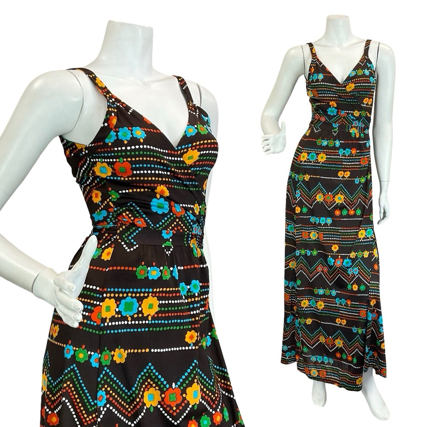 VTG 60S 70S BROWN RED GREEN BLUE FLOWER ZIG ZAG DOTTY WRAP STRAPPY MAXI DRESS 6