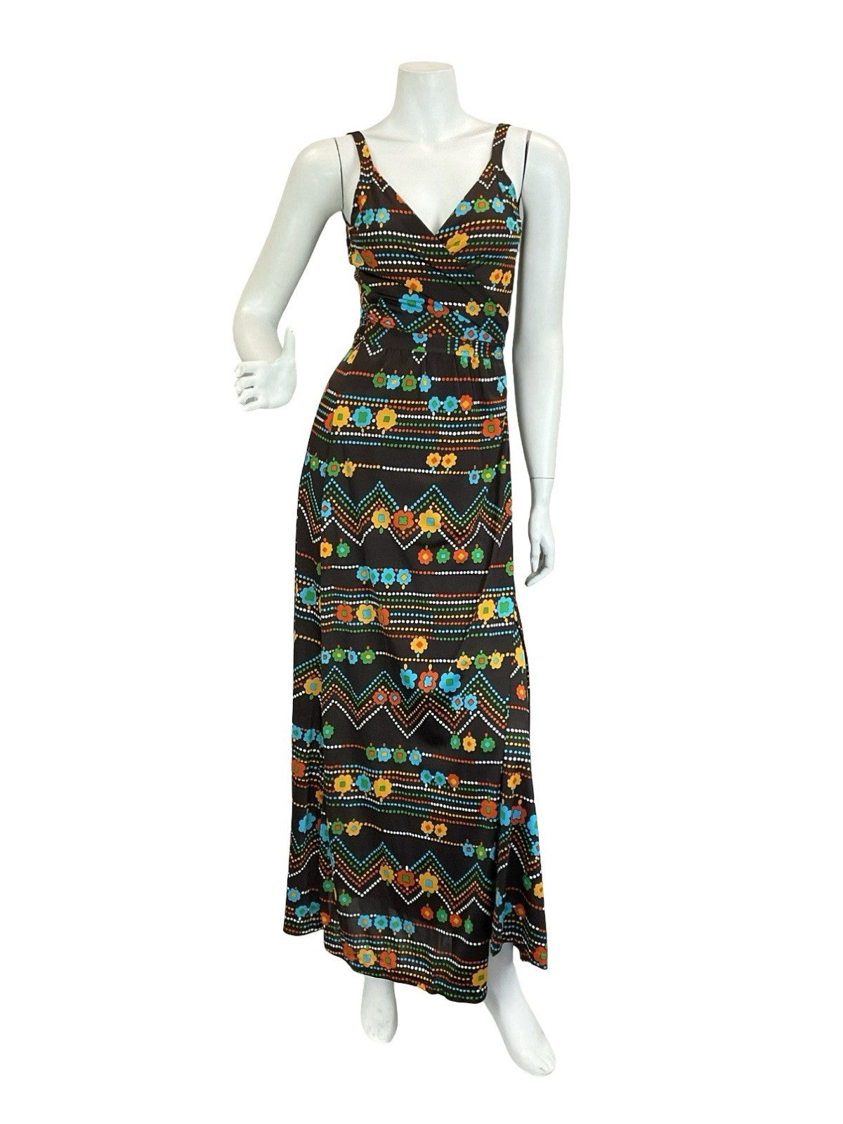 VTG 60S 70S BROWN RED GREEN BLUE FLOWER ZIG ZAG DOTTY WRAP STRAPPY MAXI DRESS 6