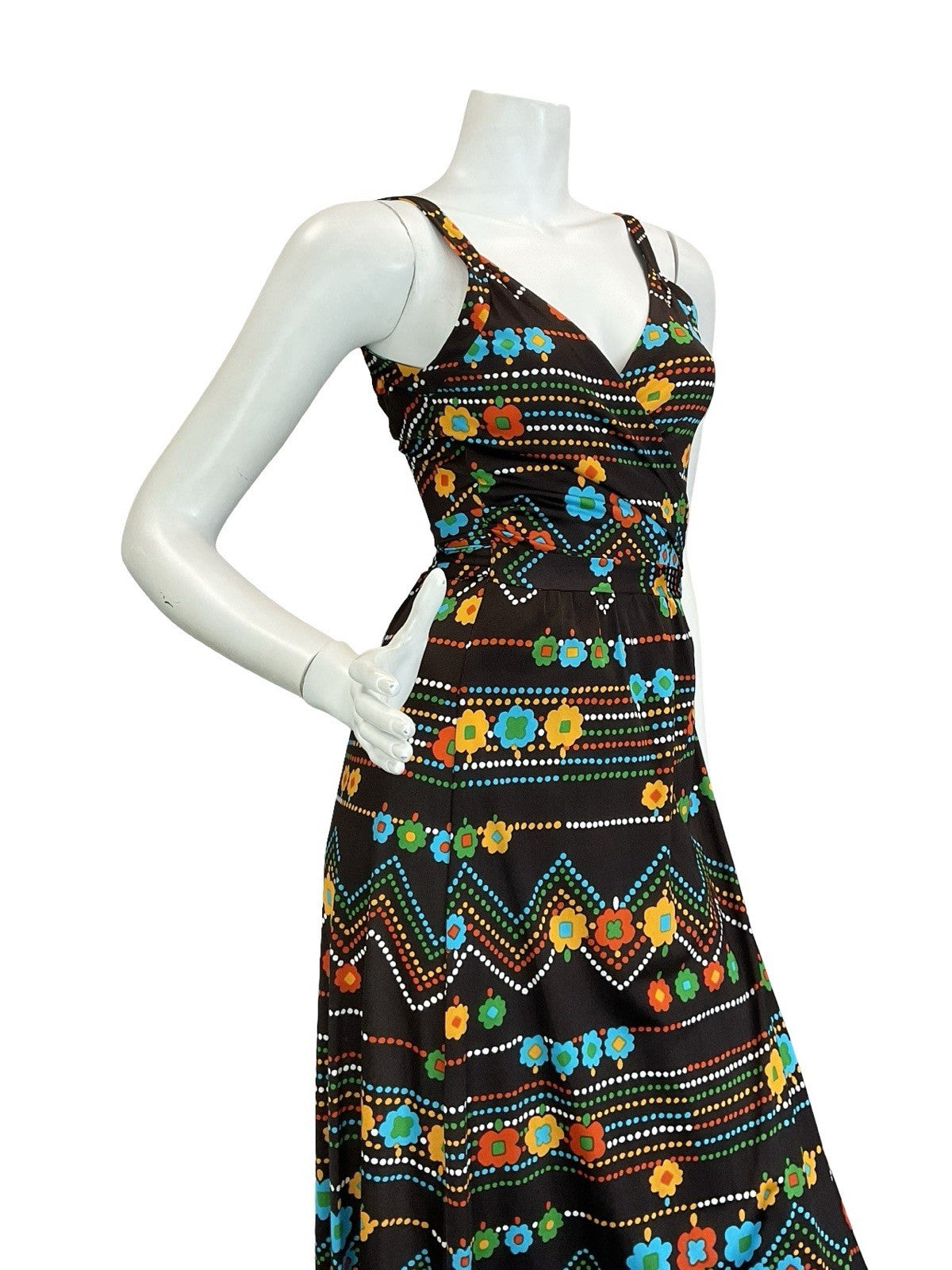 VTG 60S 70S BROWN RED GREEN BLUE FLOWER ZIG ZAG DOTTY WRAP STRAPPY MAXI DRESS 6