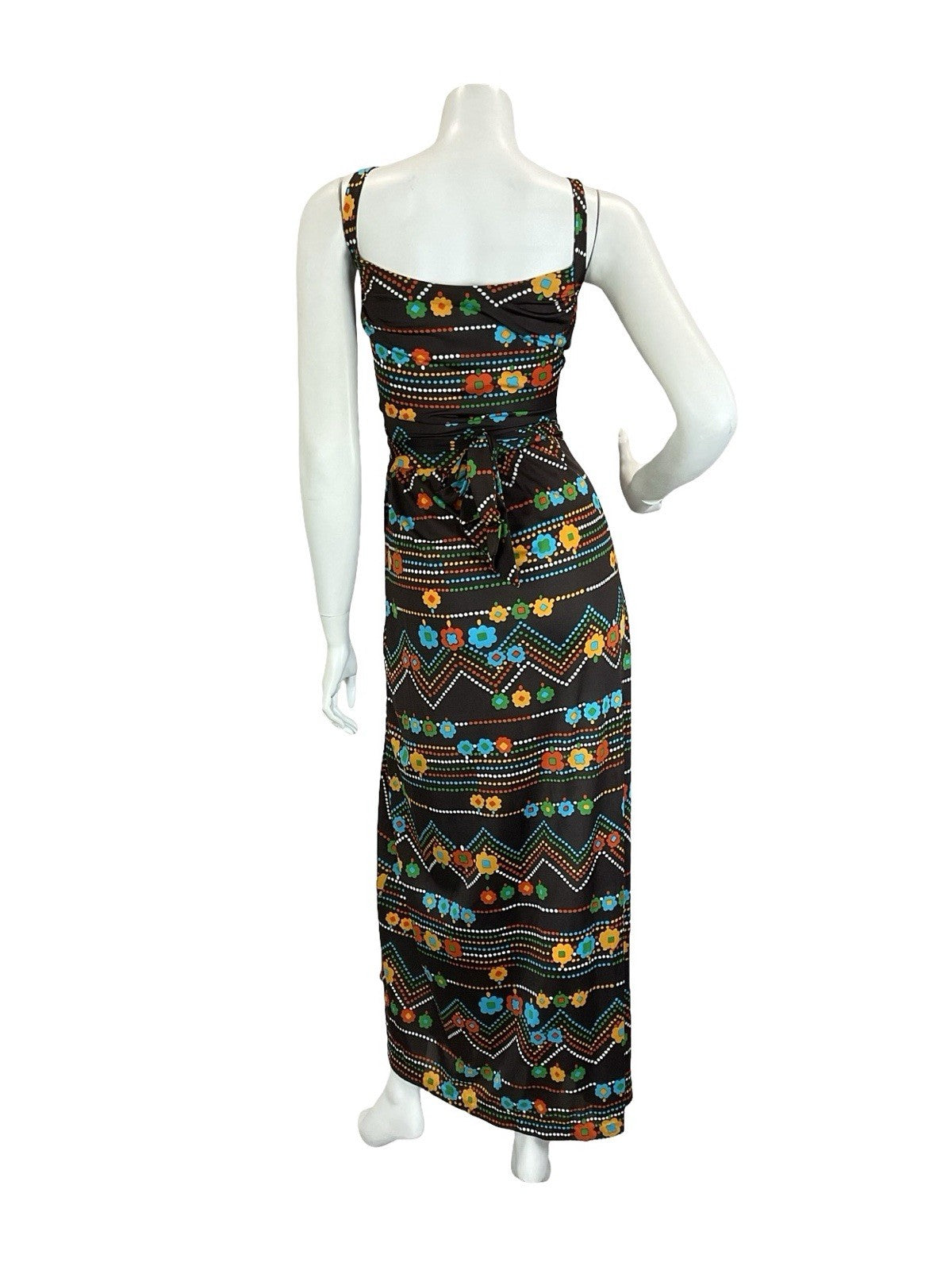 VTG 60S 70S BROWN RED GREEN BLUE FLOWER ZIG ZAG DOTTY WRAP STRAPPY MAXI DRESS 6