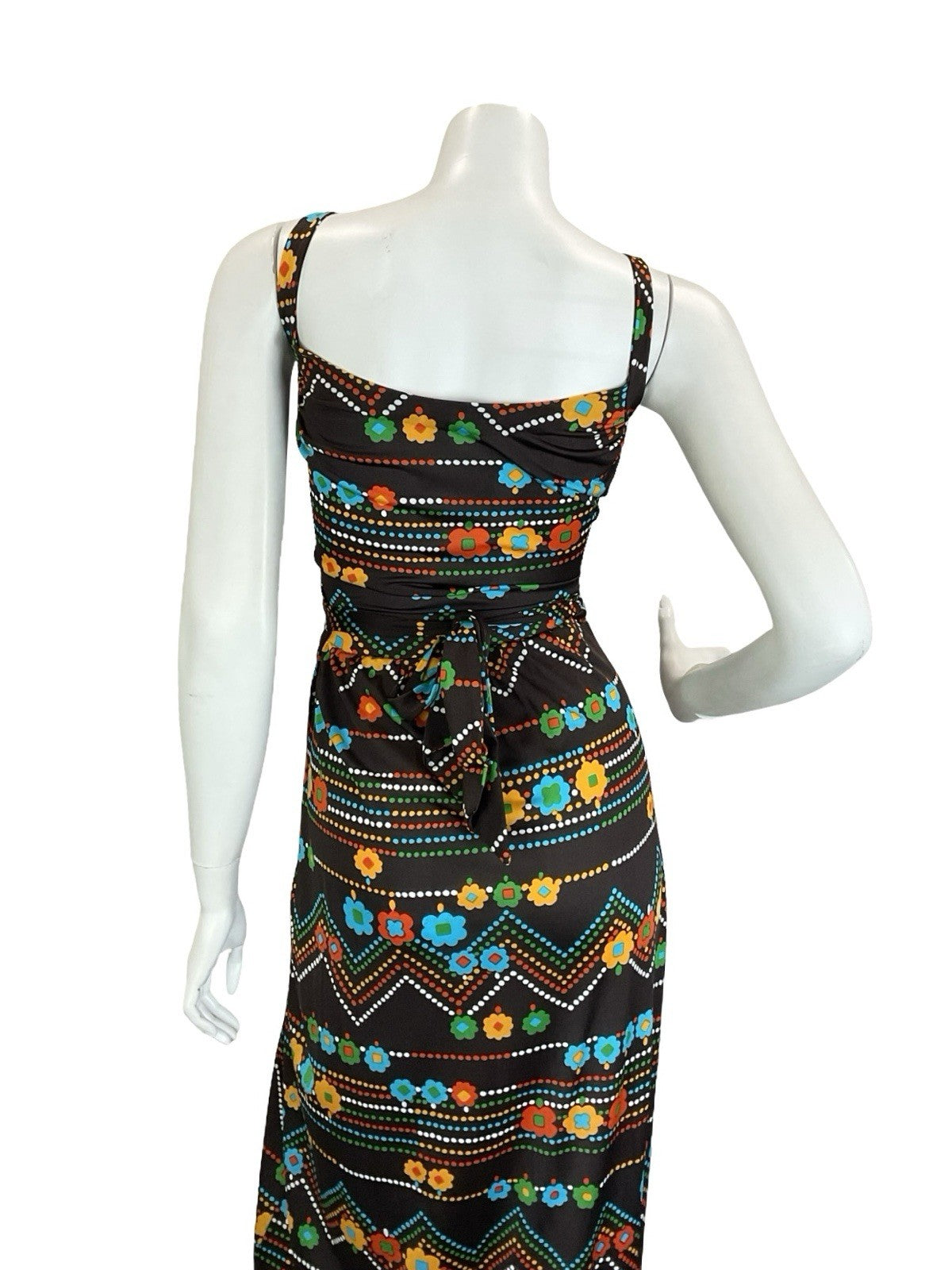 VTG 60S 70S BROWN RED GREEN BLUE FLOWER ZIG ZAG DOTTY WRAP STRAPPY MAXI DRESS 6