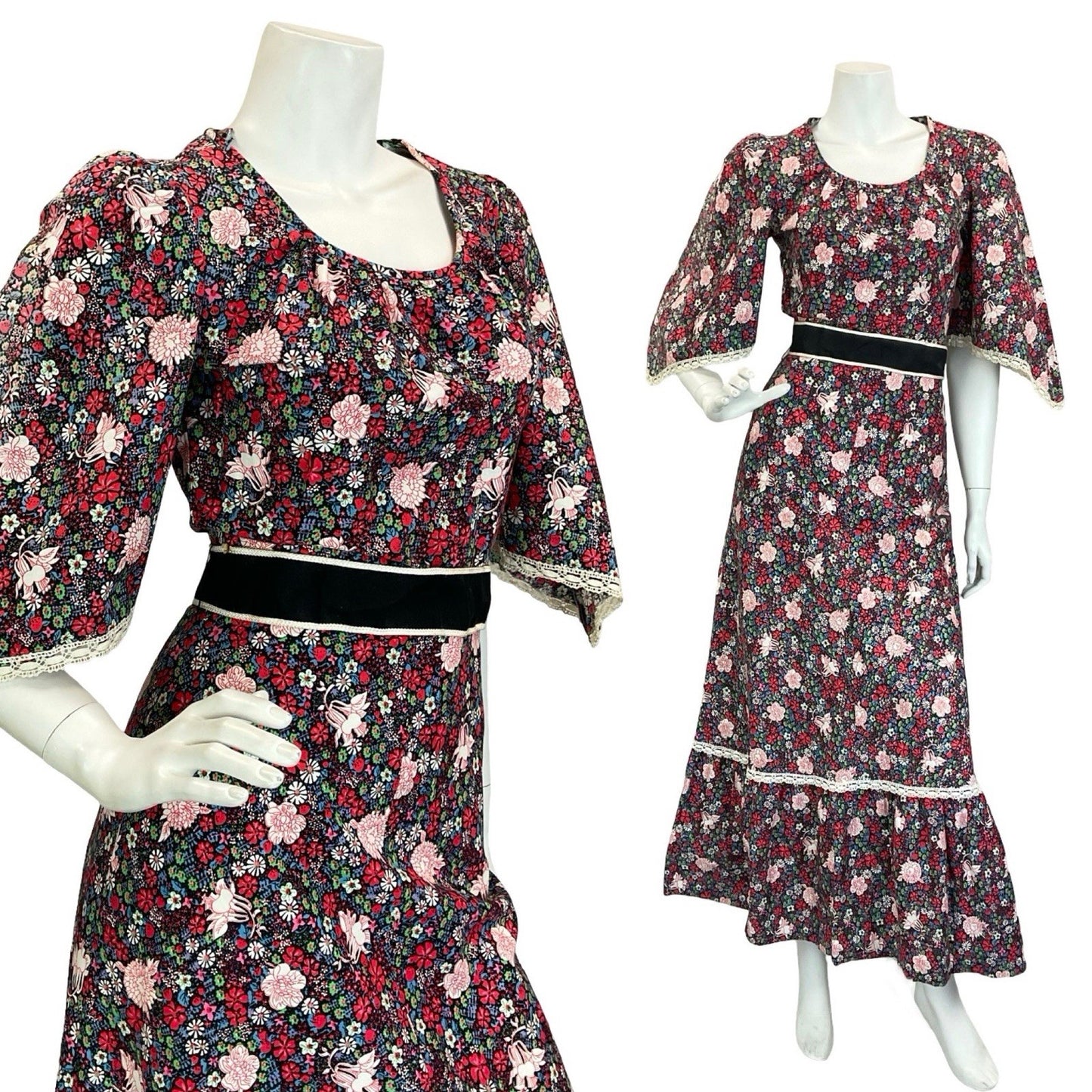 VTG 60S 70S BLACK RED BLUE WHITE FLORAL COTTAGE HANDKERCHIEF RUFFLE DRESS 4 6