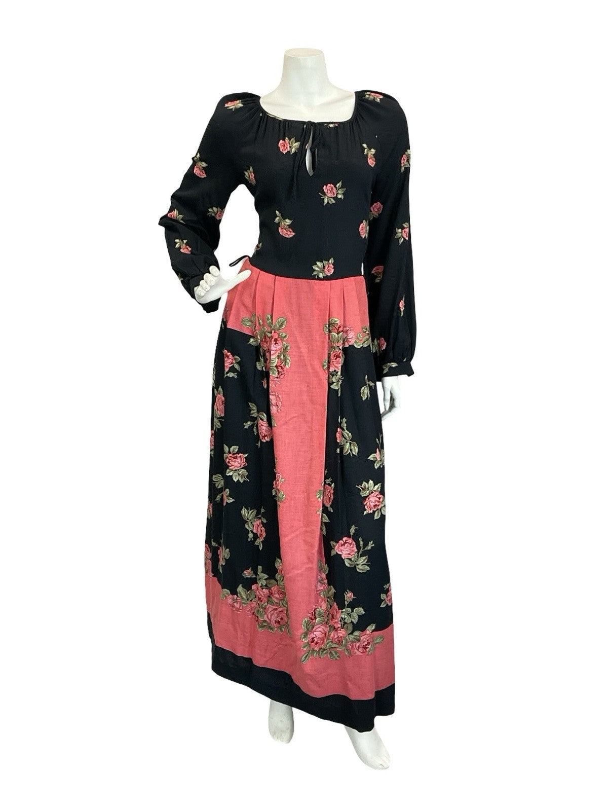 VTG 60S 70S BLACK PINK BETTY BARCLAY ROSE PLEATED KEYHOLE BOHO MAXI DRESS 8