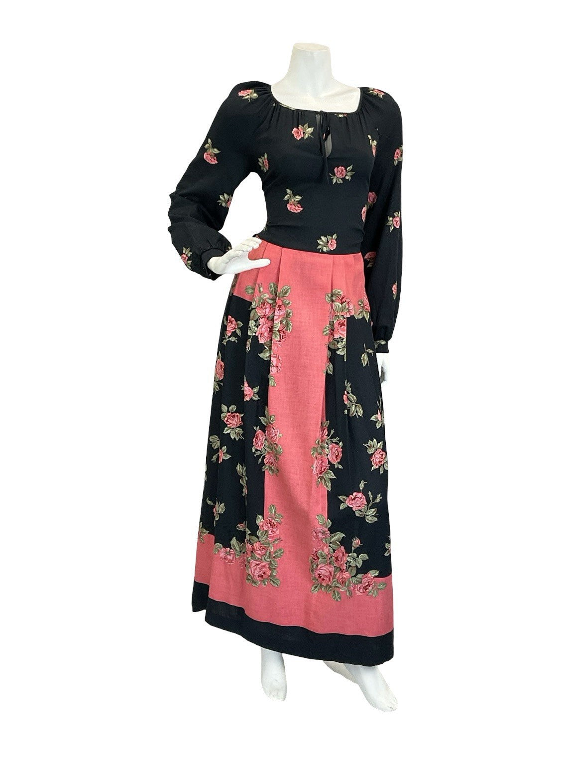 VTG 60S 70S BLACK PINK BETTY BARCLAY ROSE PLEATED KEYHOLE BOHO MAXI DRESS 8
