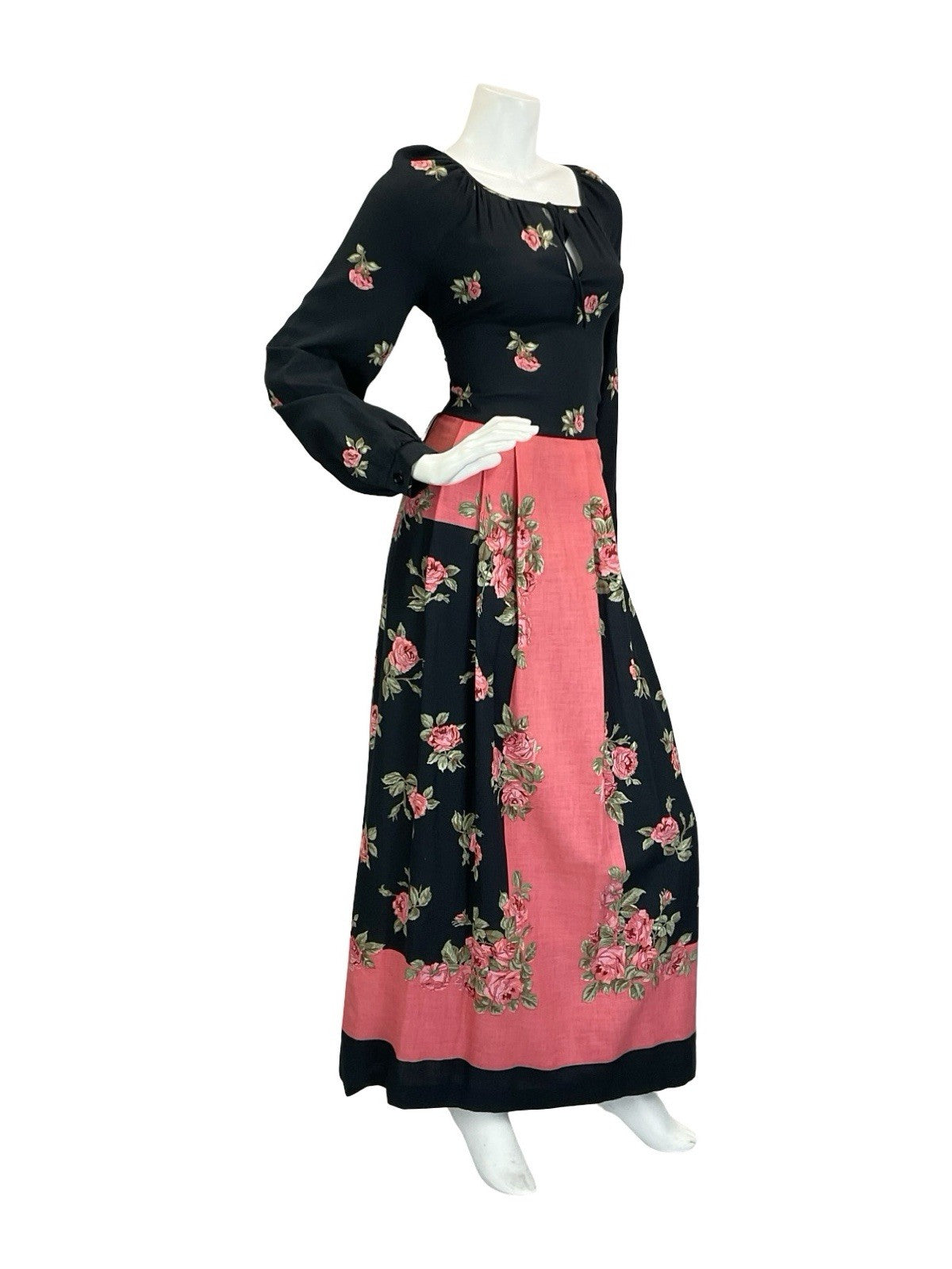 VTG 60S 70S BLACK PINK BETTY BARCLAY ROSE PLEATED KEYHOLE BOHO MAXI DRESS 8
