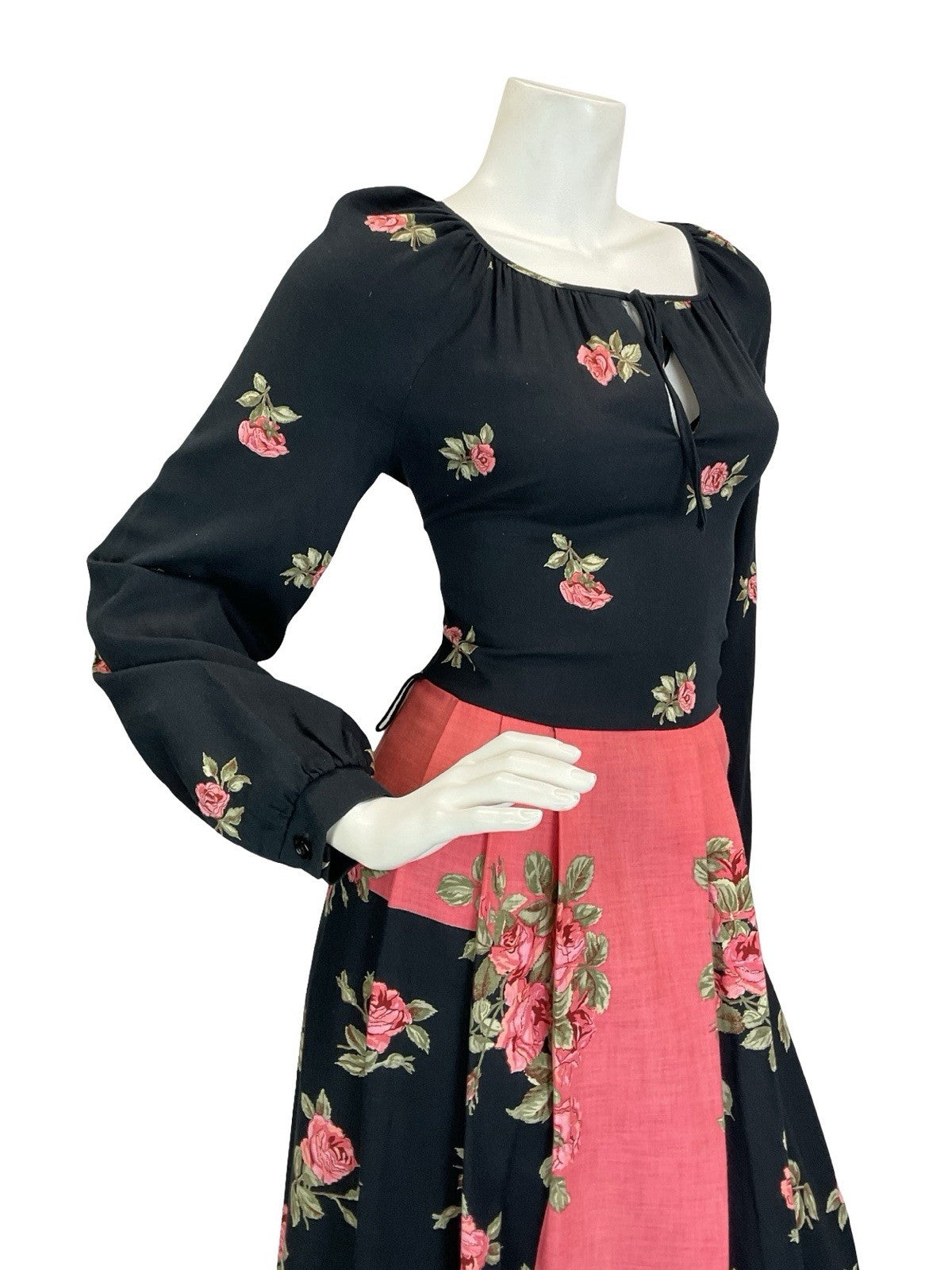 VTG 60S 70S BLACK PINK BETTY BARCLAY ROSE PLEATED KEYHOLE BOHO MAXI DRESS 8