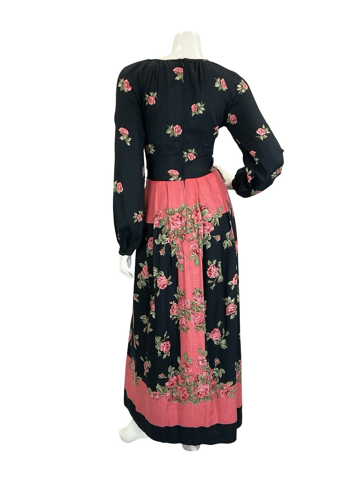 VTG 60S 70S BLACK PINK BETTY BARCLAY ROSE PLEATED KEYHOLE BOHO MAXI DRESS 8