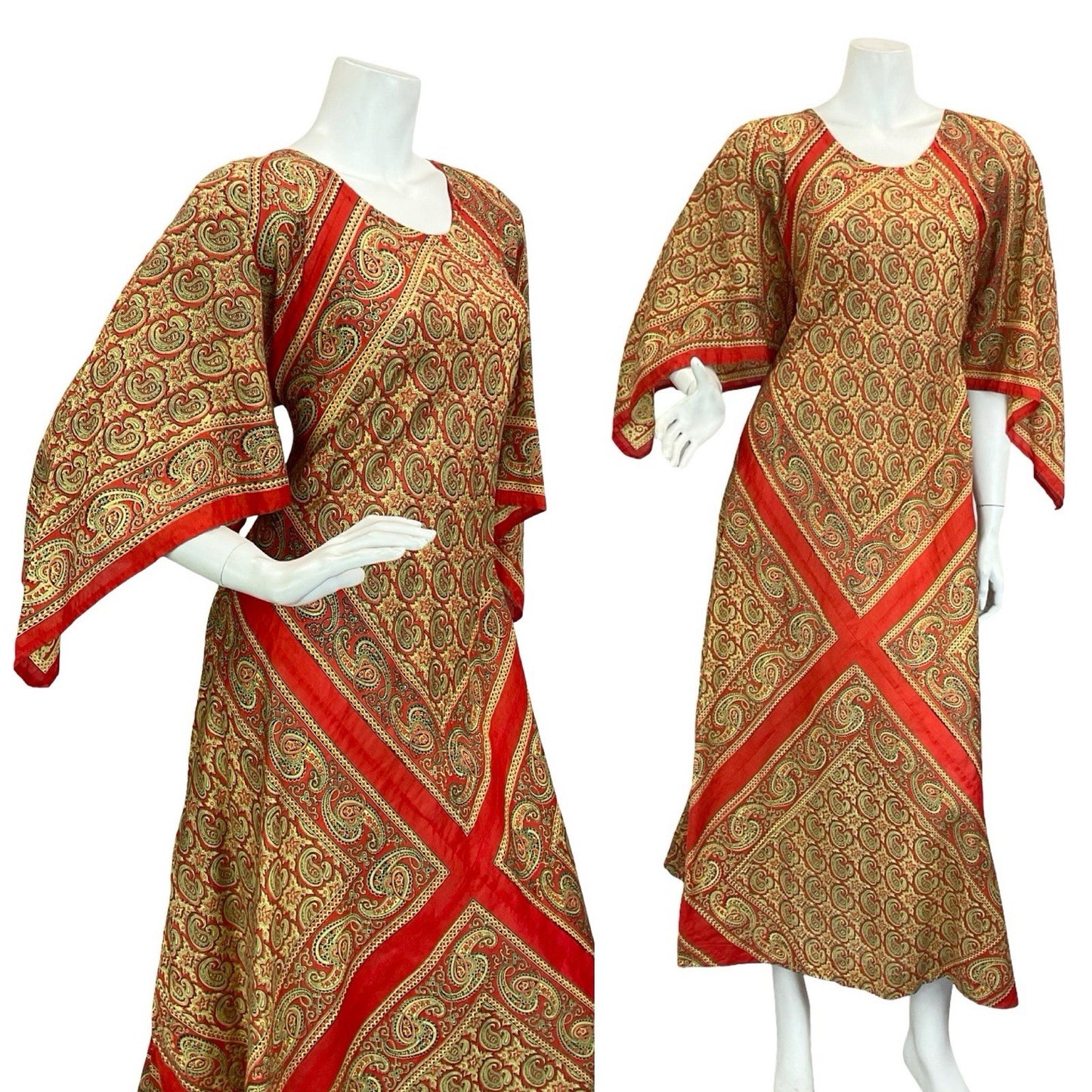 VTG 60S 70S BEIGE RED PAISLEY FLORAL BOHO HIPPY HANDKERCHEIF MAXI DRESS 12