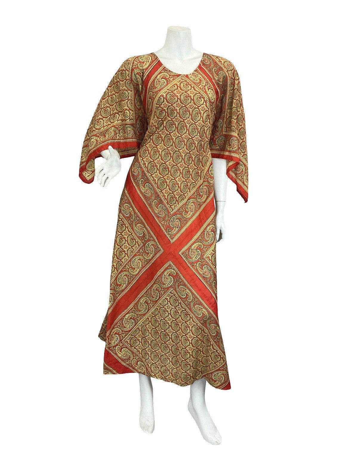 VTG 60S 70S BEIGE RED PAISLEY FLORAL BOHO HIPPY HANDKERCHEIF MAXI DRESS 12