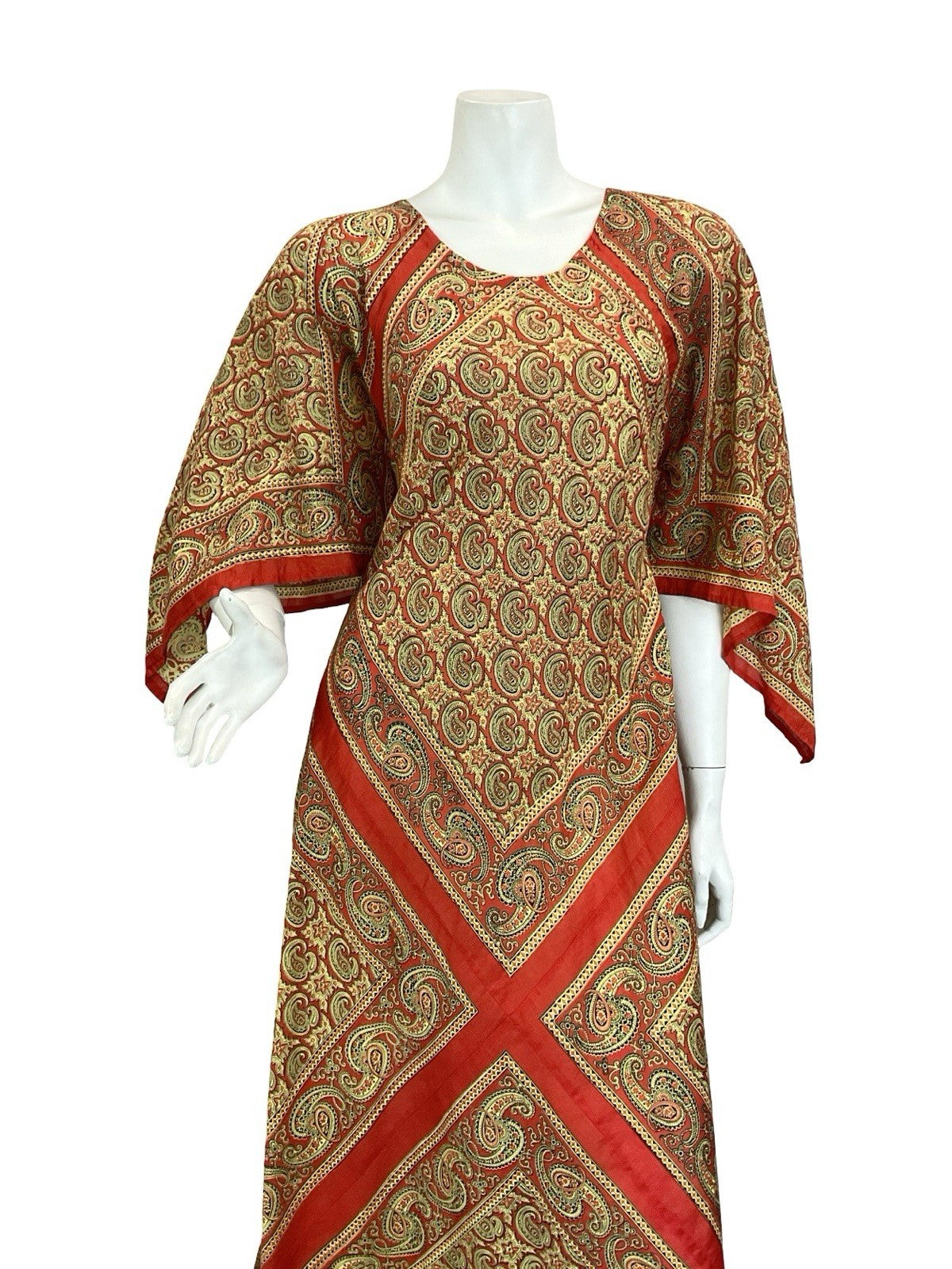 VTG 60S 70S BEIGE RED PAISLEY FLORAL BOHO HIPPY HANDKERCHEIF MAXI DRESS 12