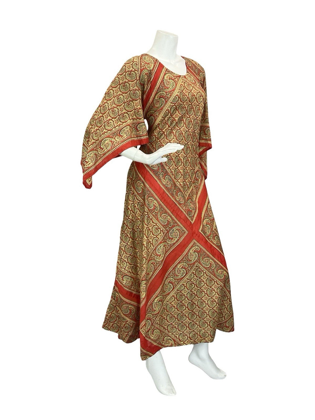 VTG 60S 70S BEIGE RED PAISLEY FLORAL BOHO HIPPY HANDKERCHEIF MAXI DRESS 12