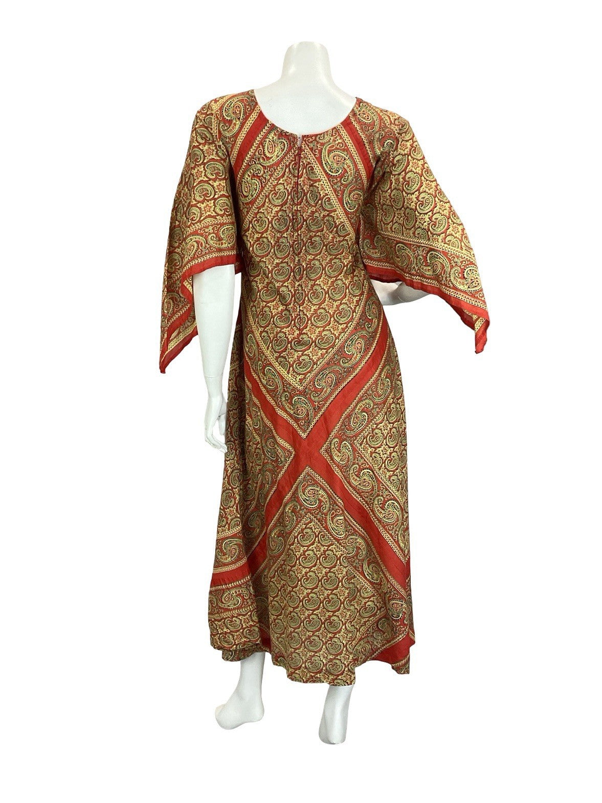 VTG 60S 70S BEIGE RED PAISLEY FLORAL BOHO HIPPY HANDKERCHEIF MAXI DRESS 12