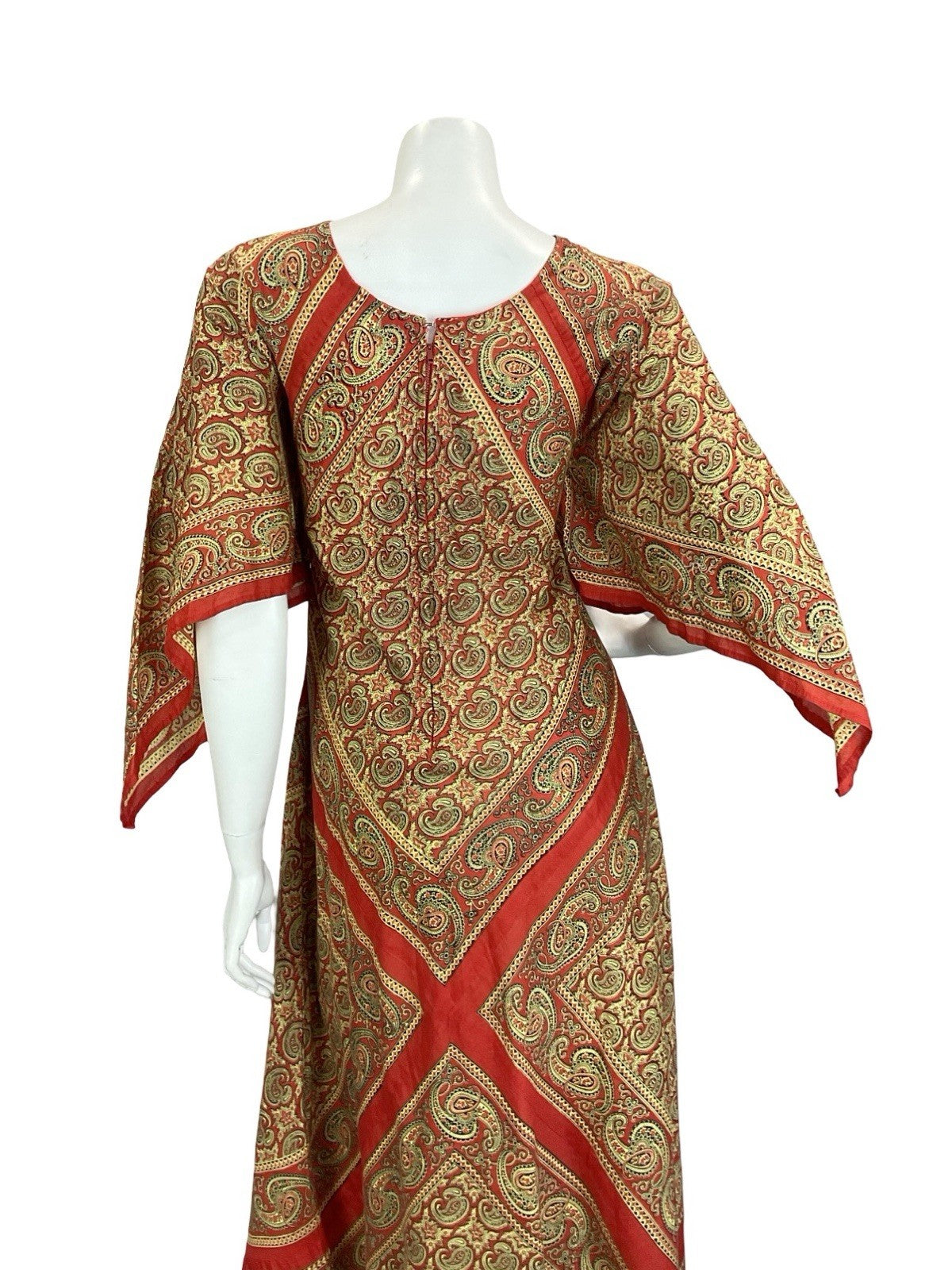 VTG 60S 70S BEIGE RED PAISLEY FLORAL BOHO HIPPY HANDKERCHEIF MAXI DRESS 12