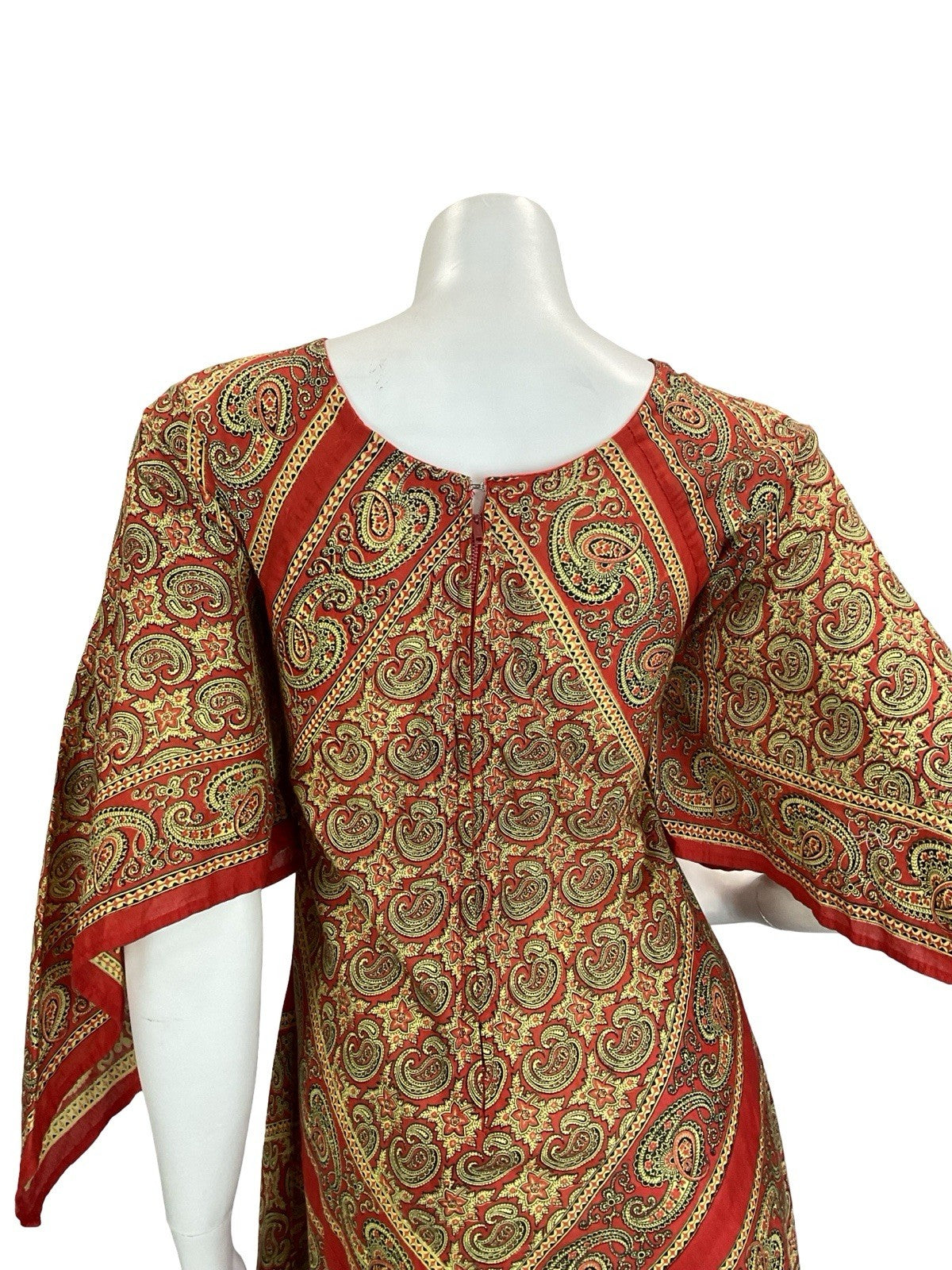 VTG 60S 70S BEIGE RED PAISLEY FLORAL BOHO HIPPY HANDKERCHEIF MAXI DRESS 12