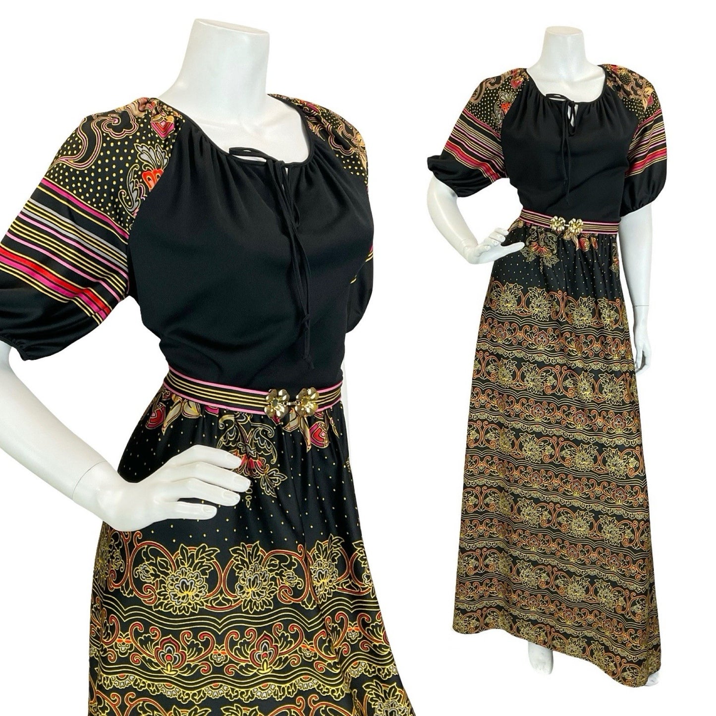 VTG 60S 70S BLACK YELLOW RED PINK FOLK BOHO STRIPE BELTED MAXI DRESS 14 16