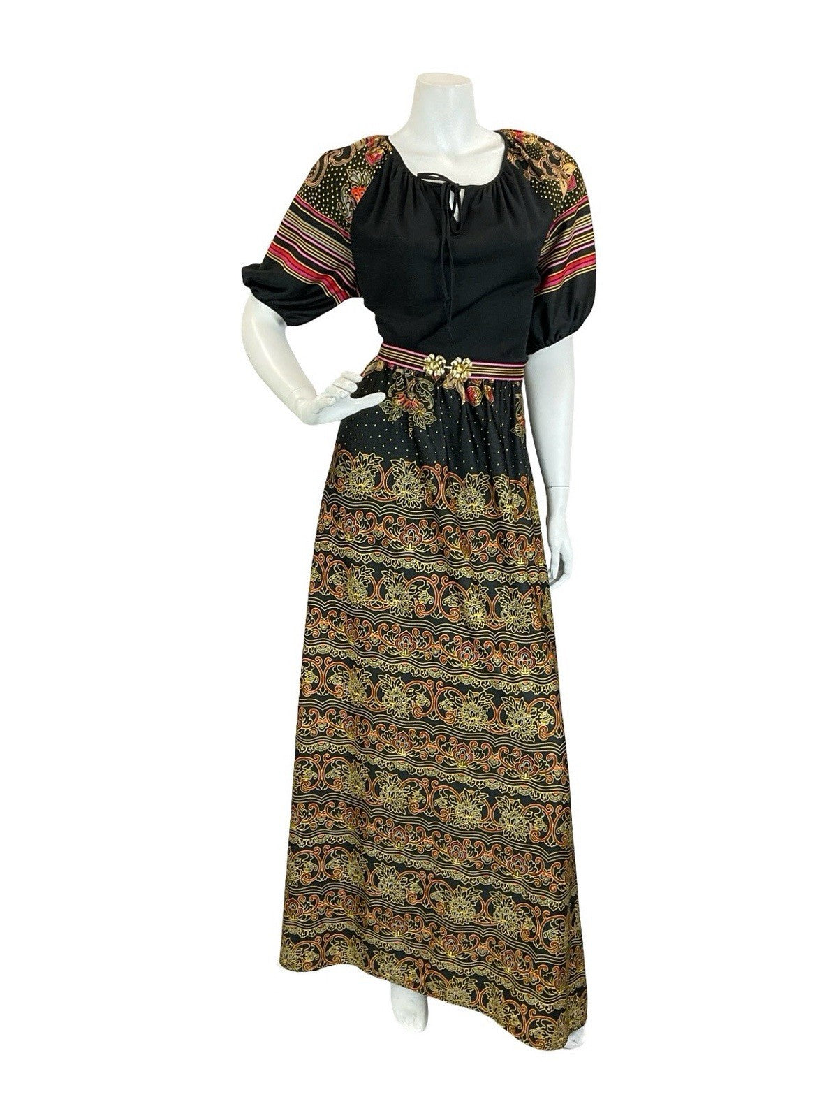 VTG 60S 70S BLACK YELLOW RED PINK FOLK BOHO STRIPE BELTED MAXI DRESS 14 16