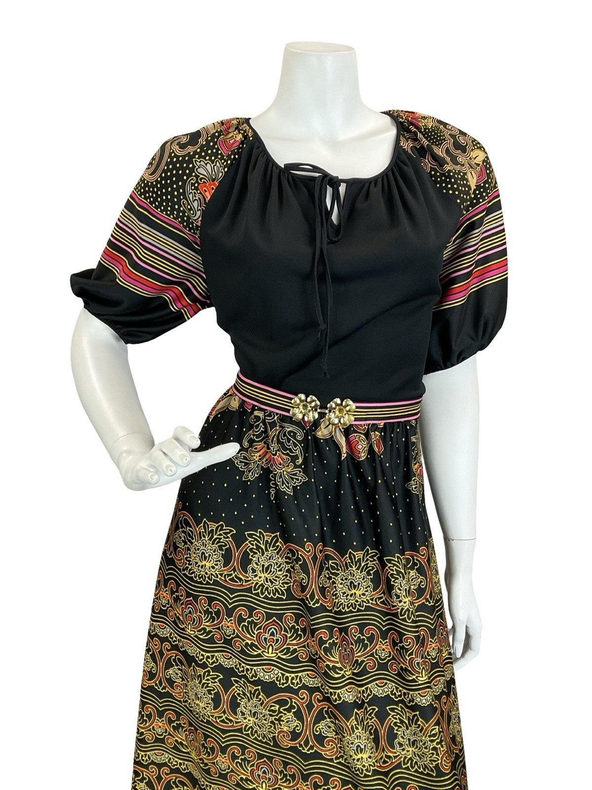 VTG 60S 70S BLACK YELLOW RED PINK FOLK BOHO STRIPE BELTED MAXI DRESS 14 16