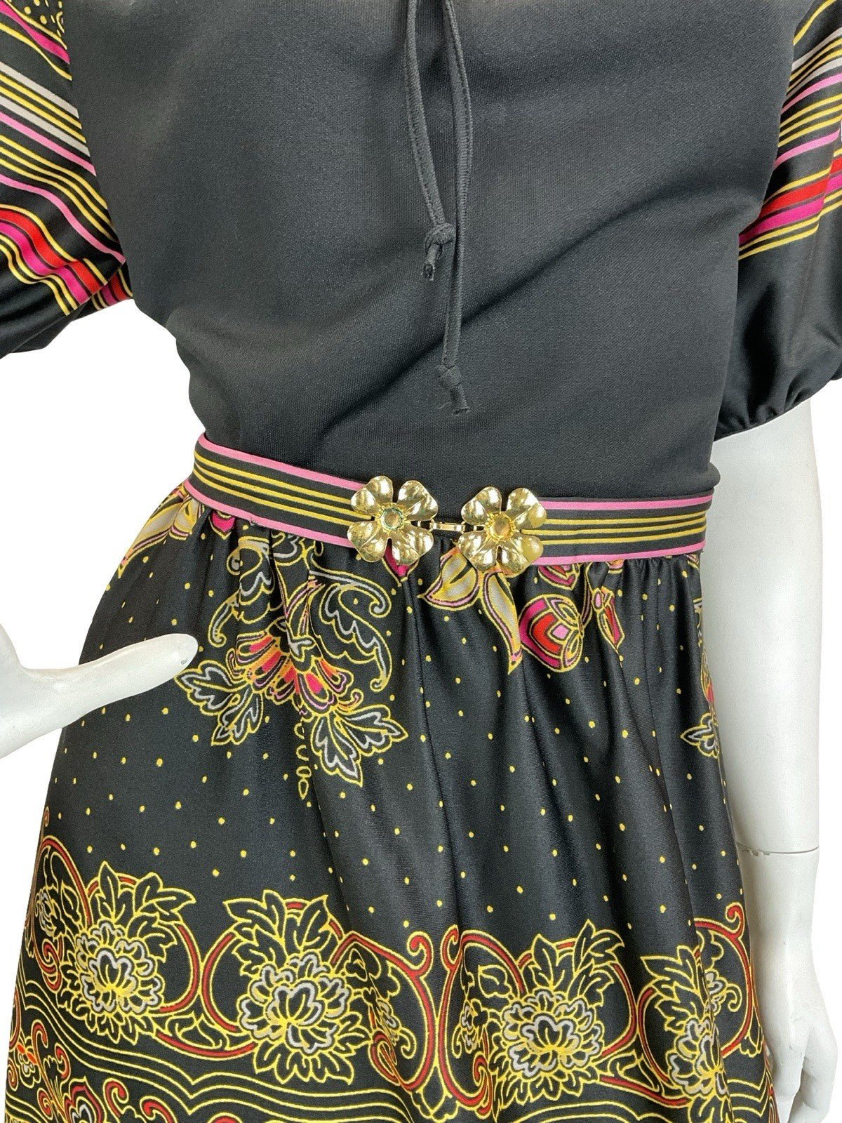 VTG 60S 70S BLACK YELLOW RED PINK FOLK BOHO STRIPE BELTED MAXI DRESS 14 16