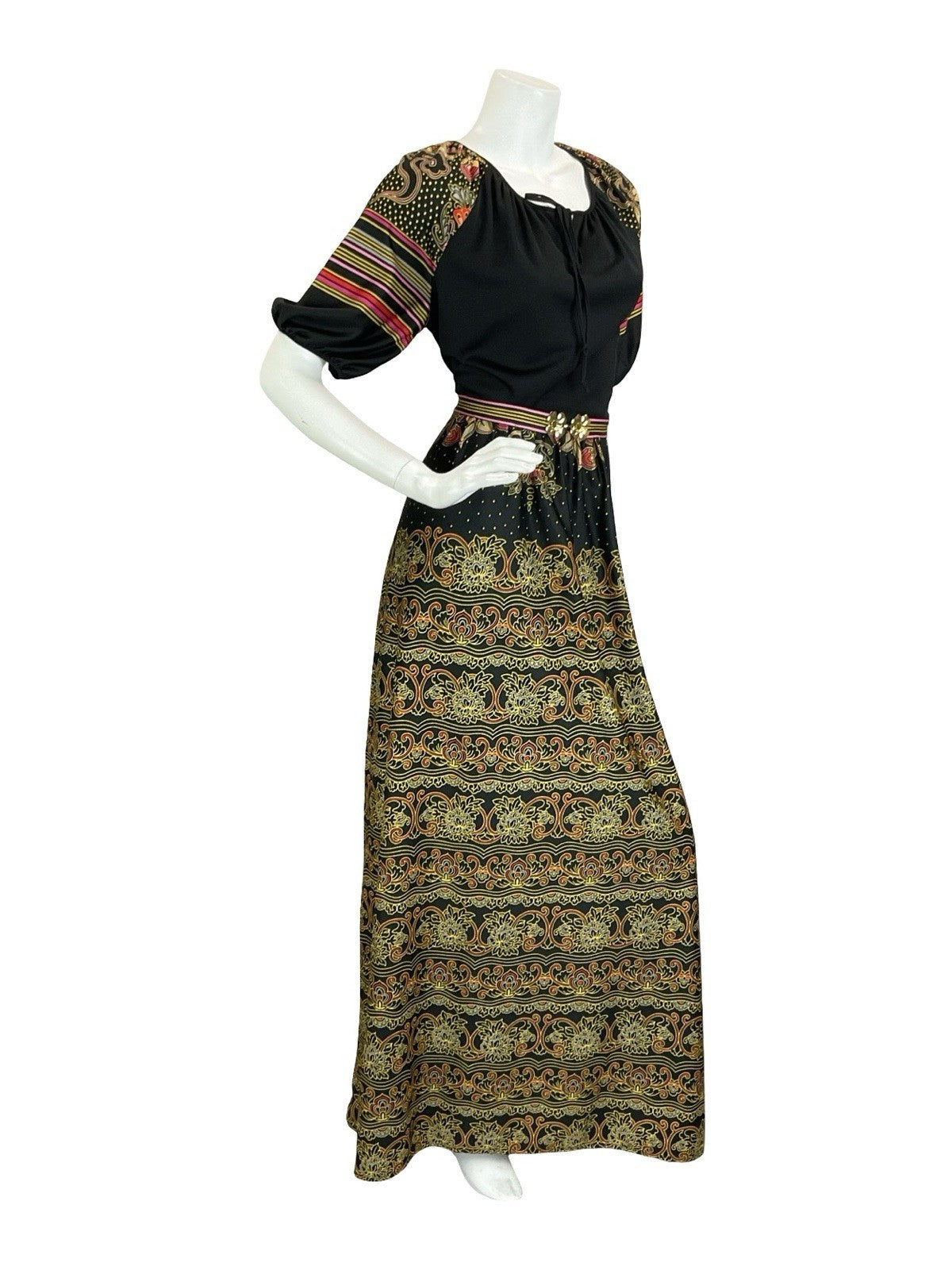 VTG 60S 70S BLACK YELLOW RED PINK FOLK BOHO STRIPE BELTED MAXI DRESS 14 16