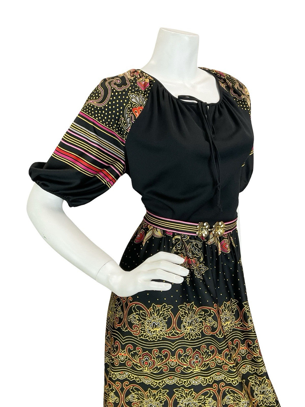 VTG 60S 70S BLACK YELLOW RED PINK FOLK BOHO STRIPE BELTED MAXI DRESS 14 16