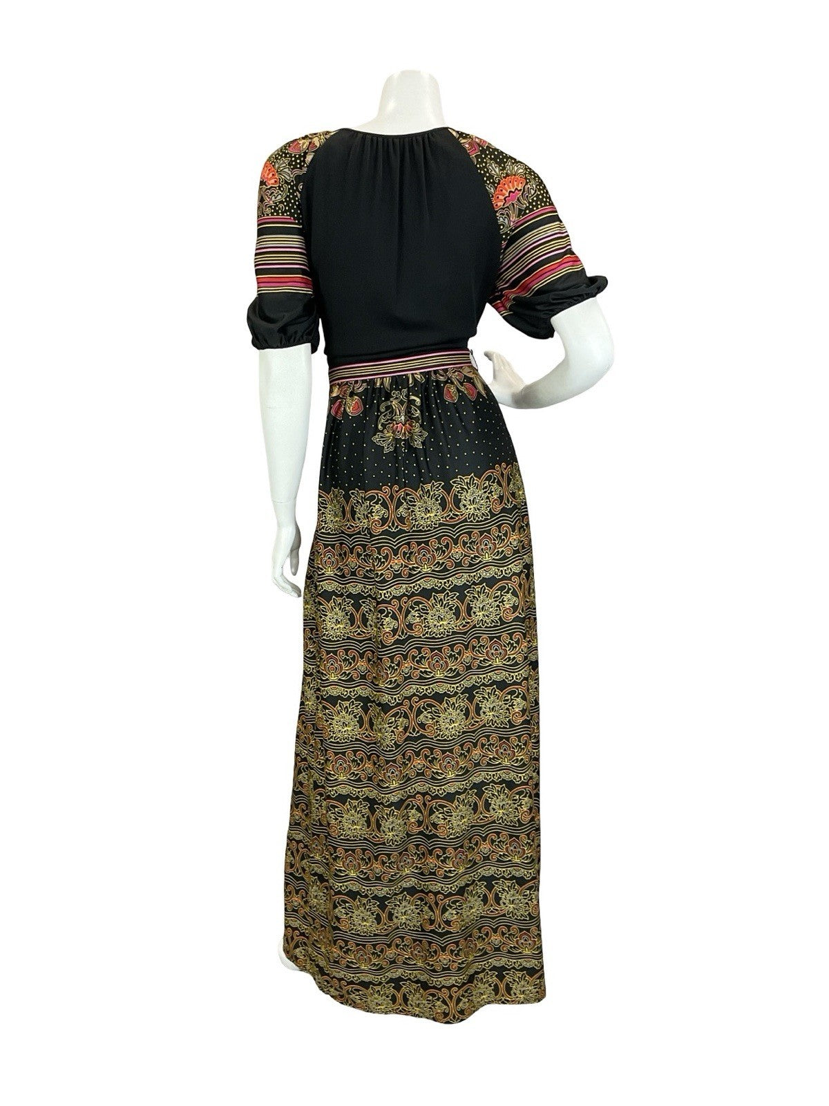 VTG 60S 70S BLACK YELLOW RED PINK FOLK BOHO STRIPE BELTED MAXI DRESS 14 16