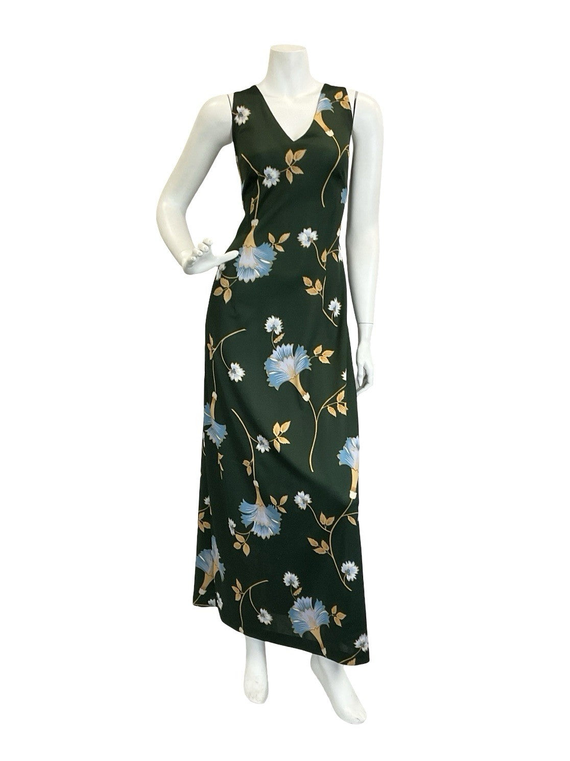VTG 60S 70S GREEN BLUE BEIGE PSYCHEDELIC FLORAL STRAPPY CROSS BACK MAXI DRESS 14