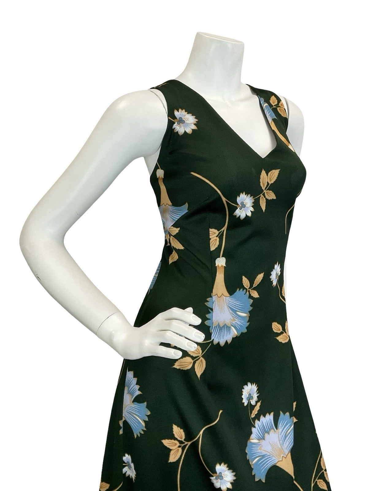 VTG 60S 70S GREEN BLUE BEIGE PSYCHEDELIC FLORAL STRAPPY CROSS BACK MAXI DRESS 14