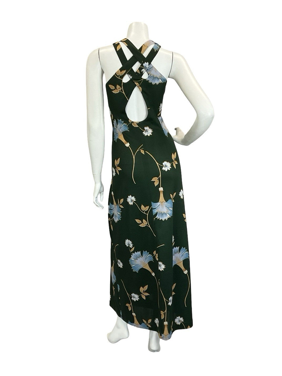 VTG 60S 70S GREEN BLUE BEIGE PSYCHEDELIC FLORAL STRAPPY CROSS BACK MAXI DRESS 14