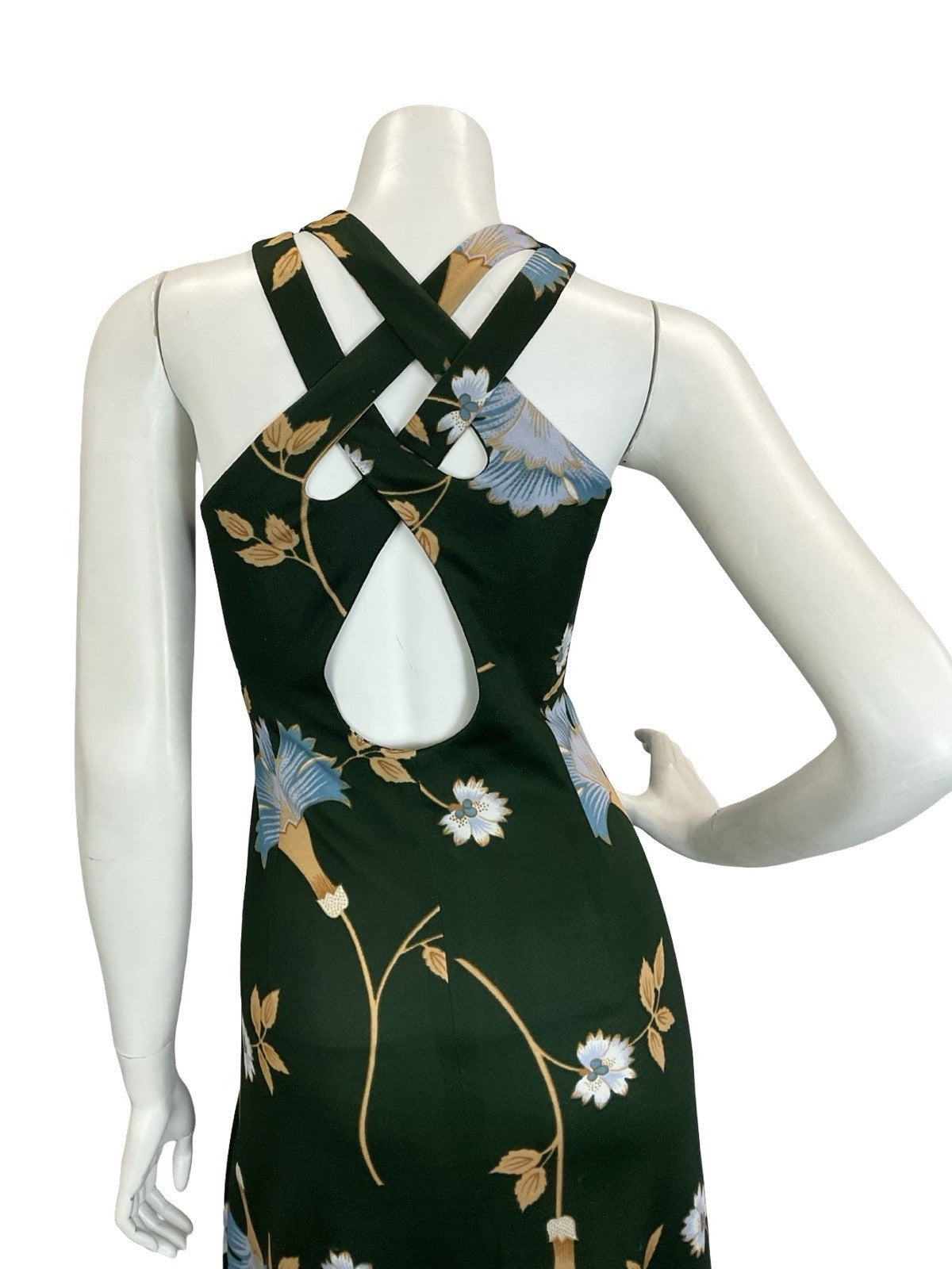 VTG 60S 70S GREEN BLUE BEIGE PSYCHEDELIC FLORAL STRAPPY CROSS BACK MAXI DRESS 14