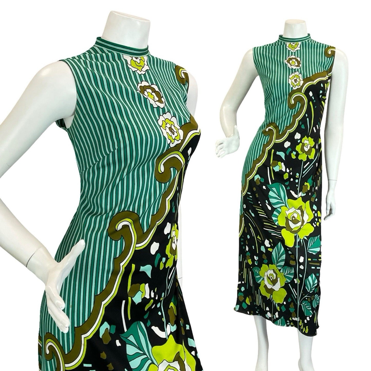 VTG 60S 70S GREEN BROWN WHITE BLACK PSYCHEDELIC STRIPED ROSE MAXI DRESS 10 12