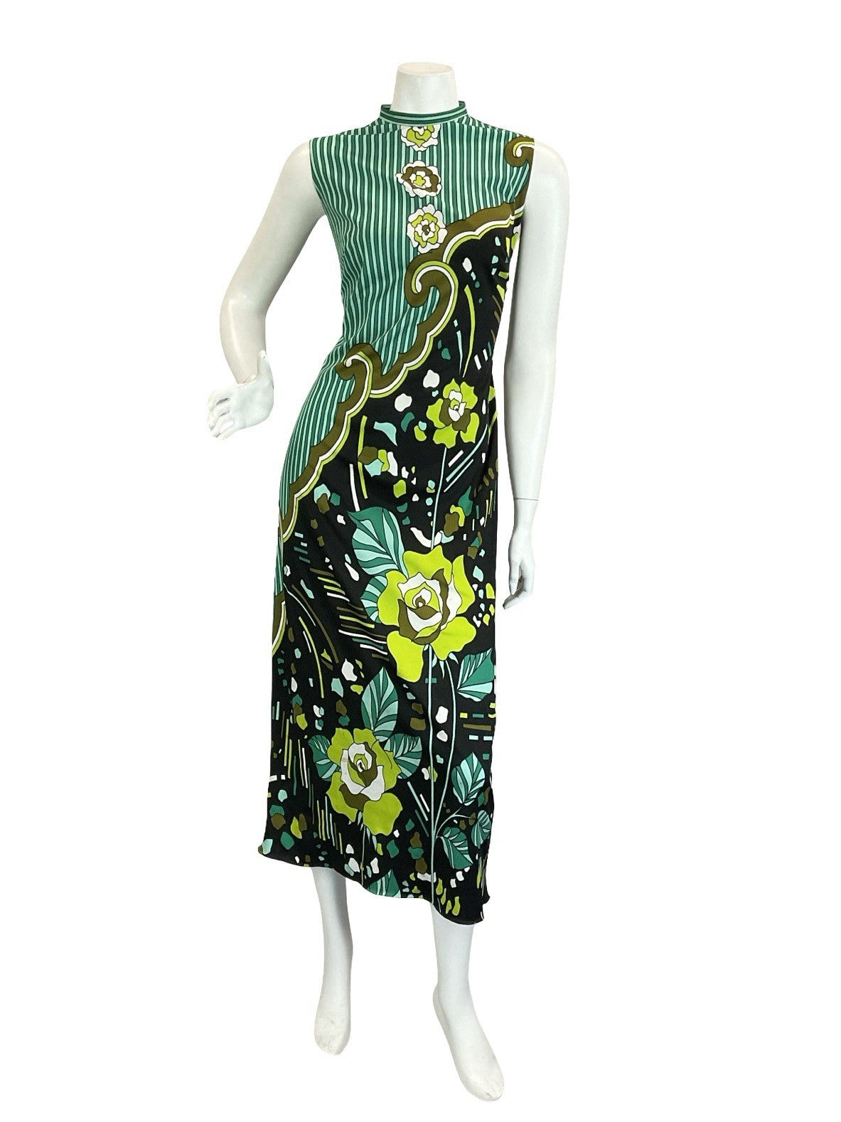 VTG 60S 70S GREEN BROWN WHITE BLACK PSYCHEDELIC STRIPED ROSE MAXI DRESS 10 12