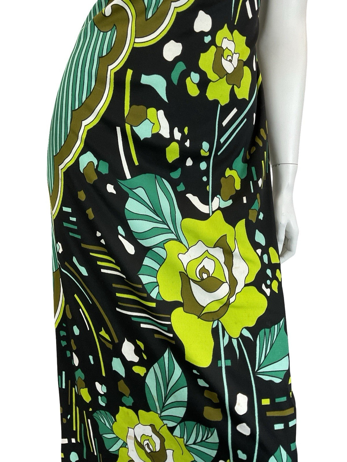 VTG 60S 70S GREEN BROWN WHITE BLACK PSYCHEDELIC STRIPED ROSE MAXI DRESS 10 12