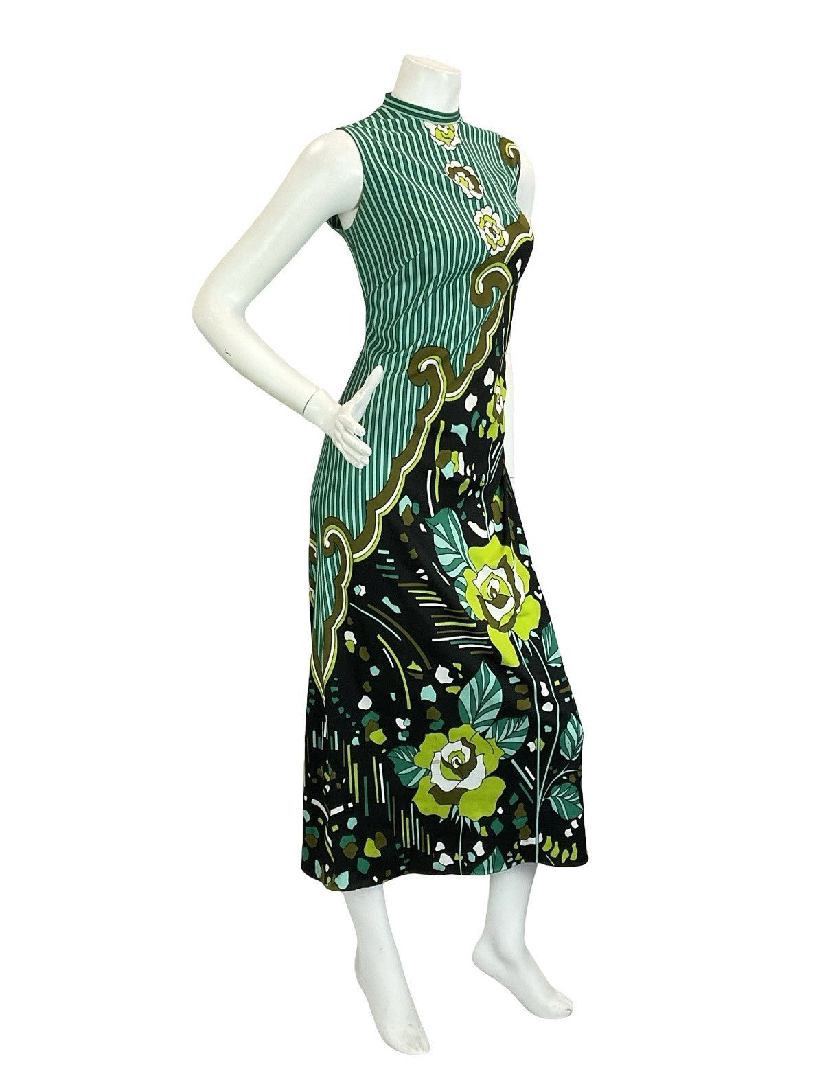 VTG 60S 70S GREEN BROWN WHITE BLACK PSYCHEDELIC STRIPED ROSE MAXI DRESS 10 12