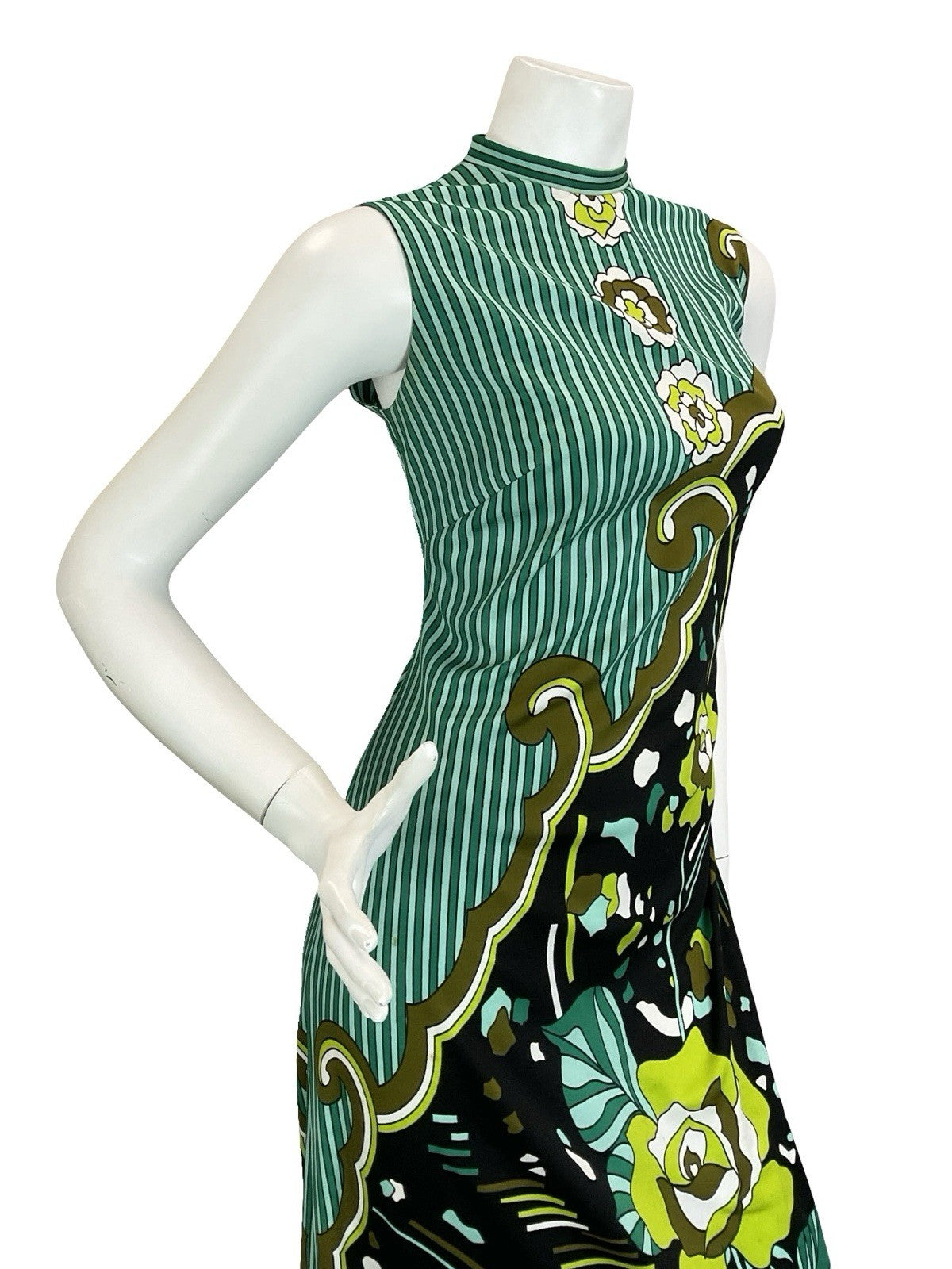 VTG 60S 70S GREEN BROWN WHITE BLACK PSYCHEDELIC STRIPED ROSE MAXI DRESS 10 12