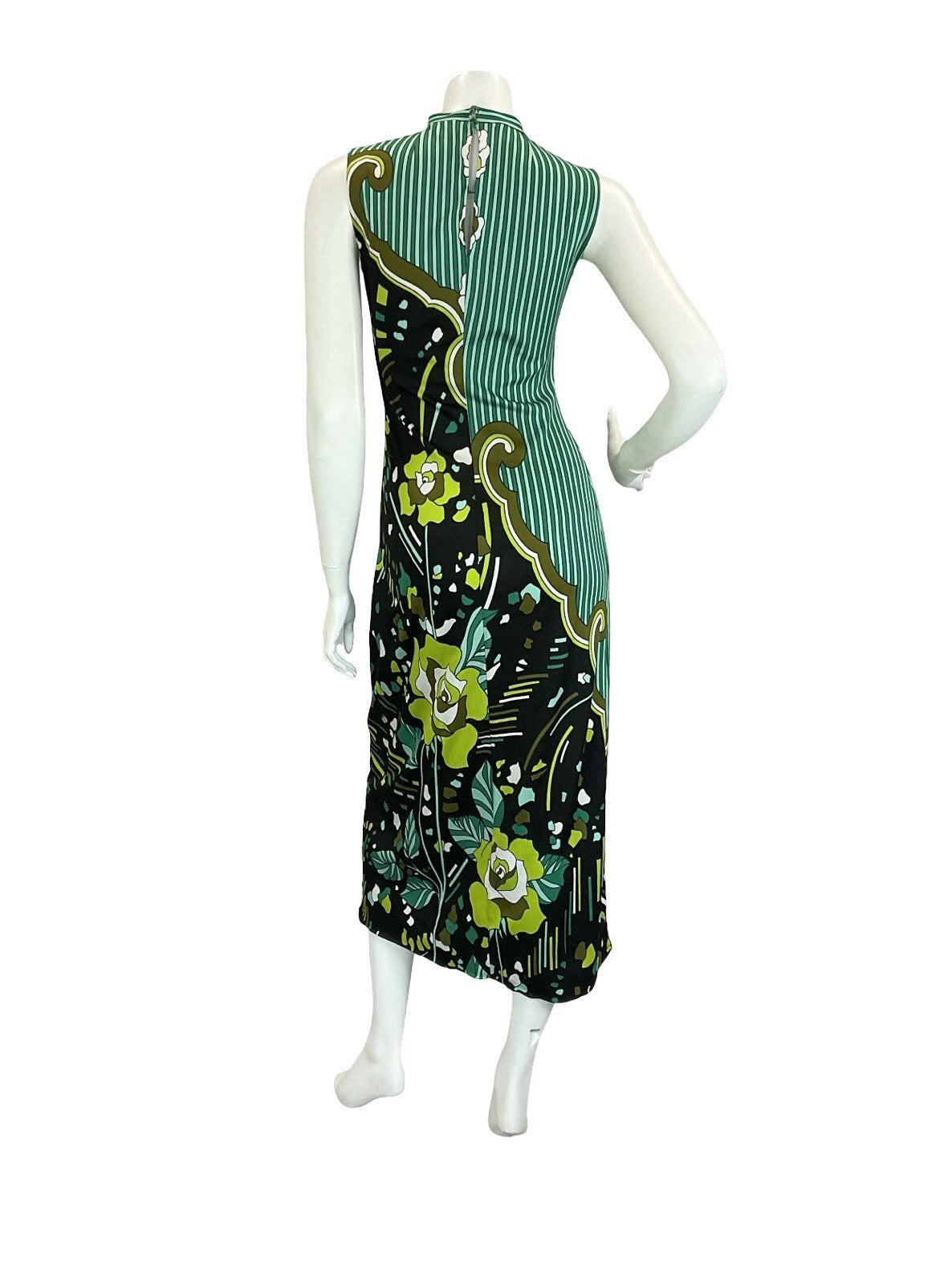 VTG 60S 70S GREEN BROWN WHITE BLACK PSYCHEDELIC STRIPED ROSE MAXI DRESS 10 12