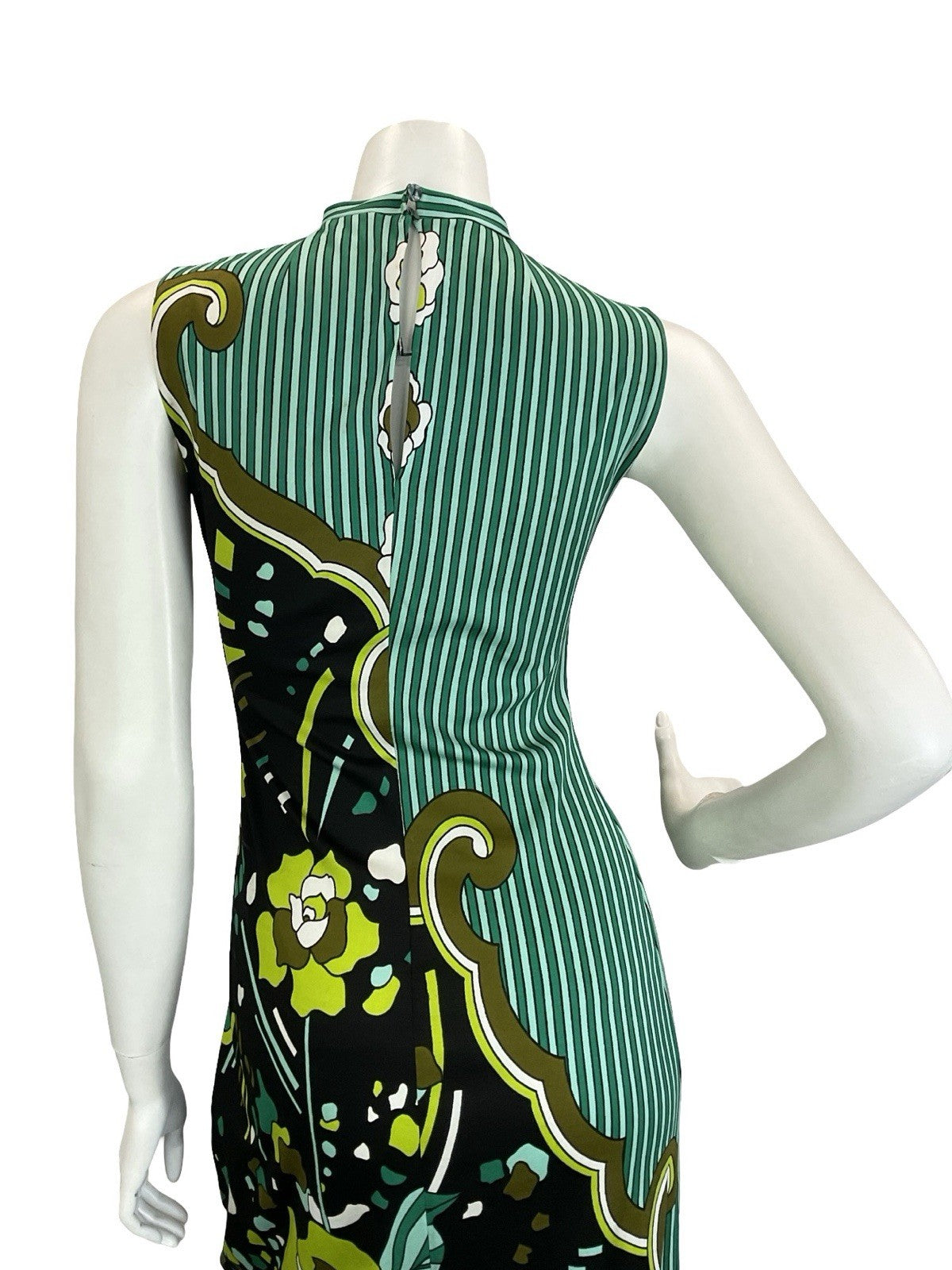 VTG 60S 70S GREEN BROWN WHITE BLACK PSYCHEDELIC STRIPED ROSE MAXI DRESS 10 12