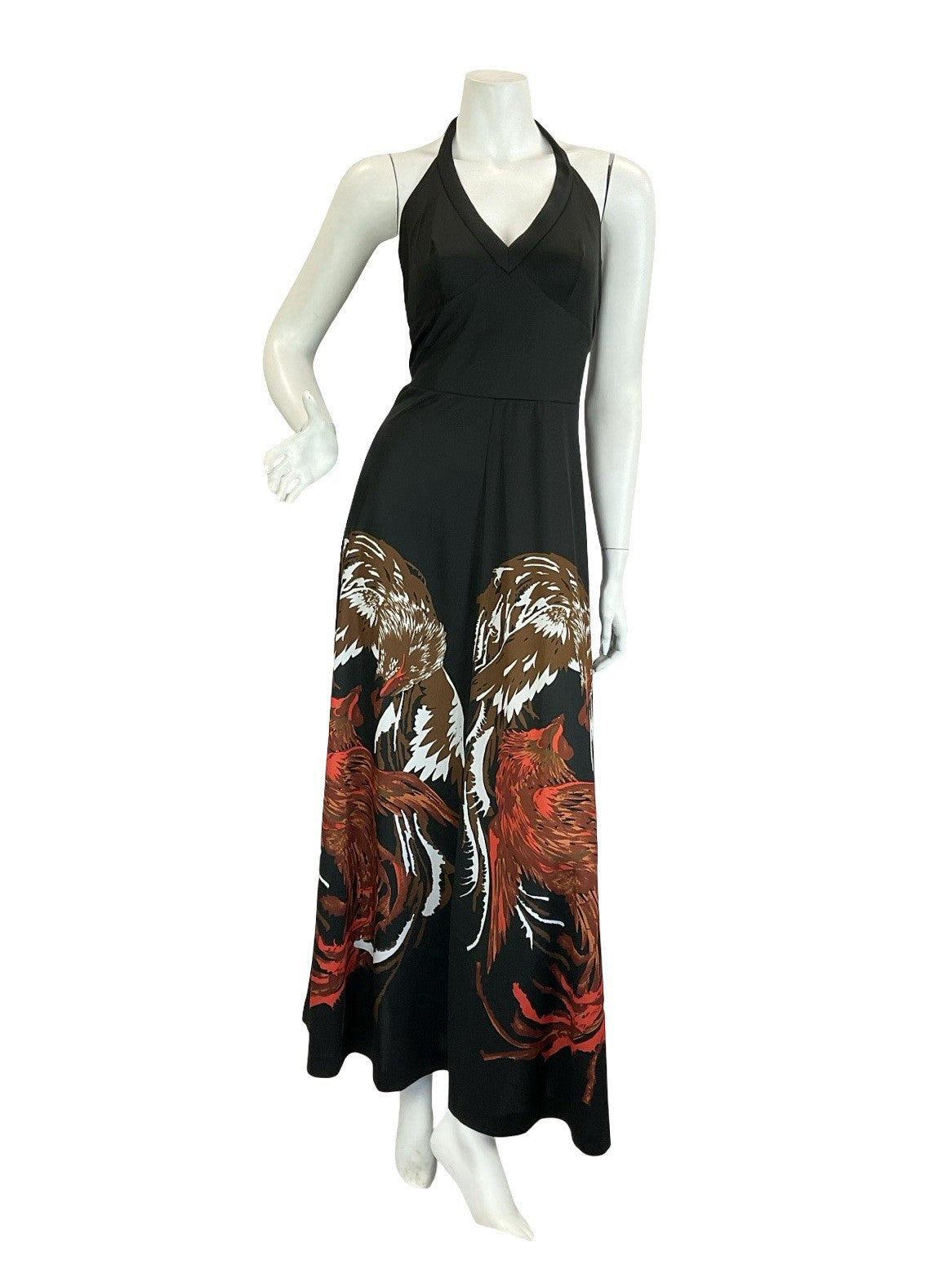 VTG 60S 70S BLACK BROWN WHITE RED ROOSTER CHICKEN HALTER NECK MAXI DRESS 8