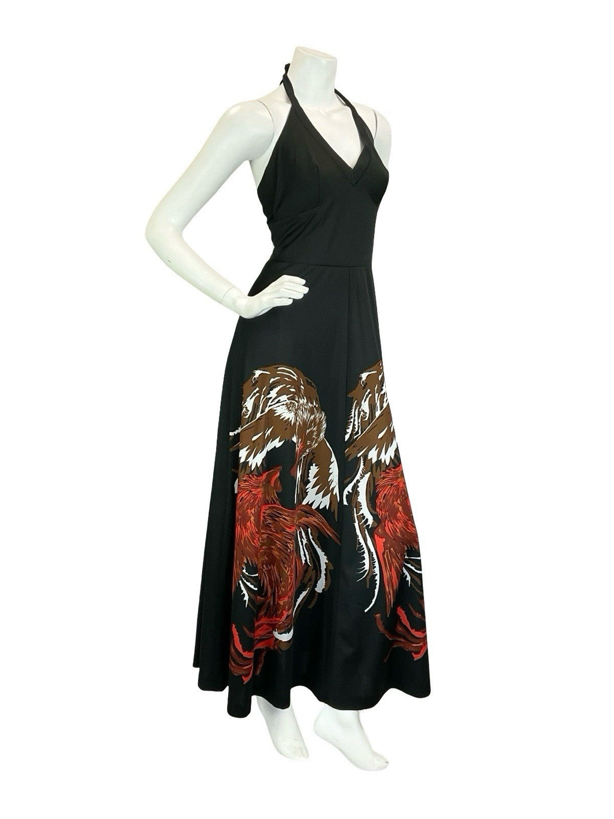 VTG 60S 70S BLACK BROWN WHITE RED ROOSTER CHICKEN HALTER NECK MAXI DRESS 8