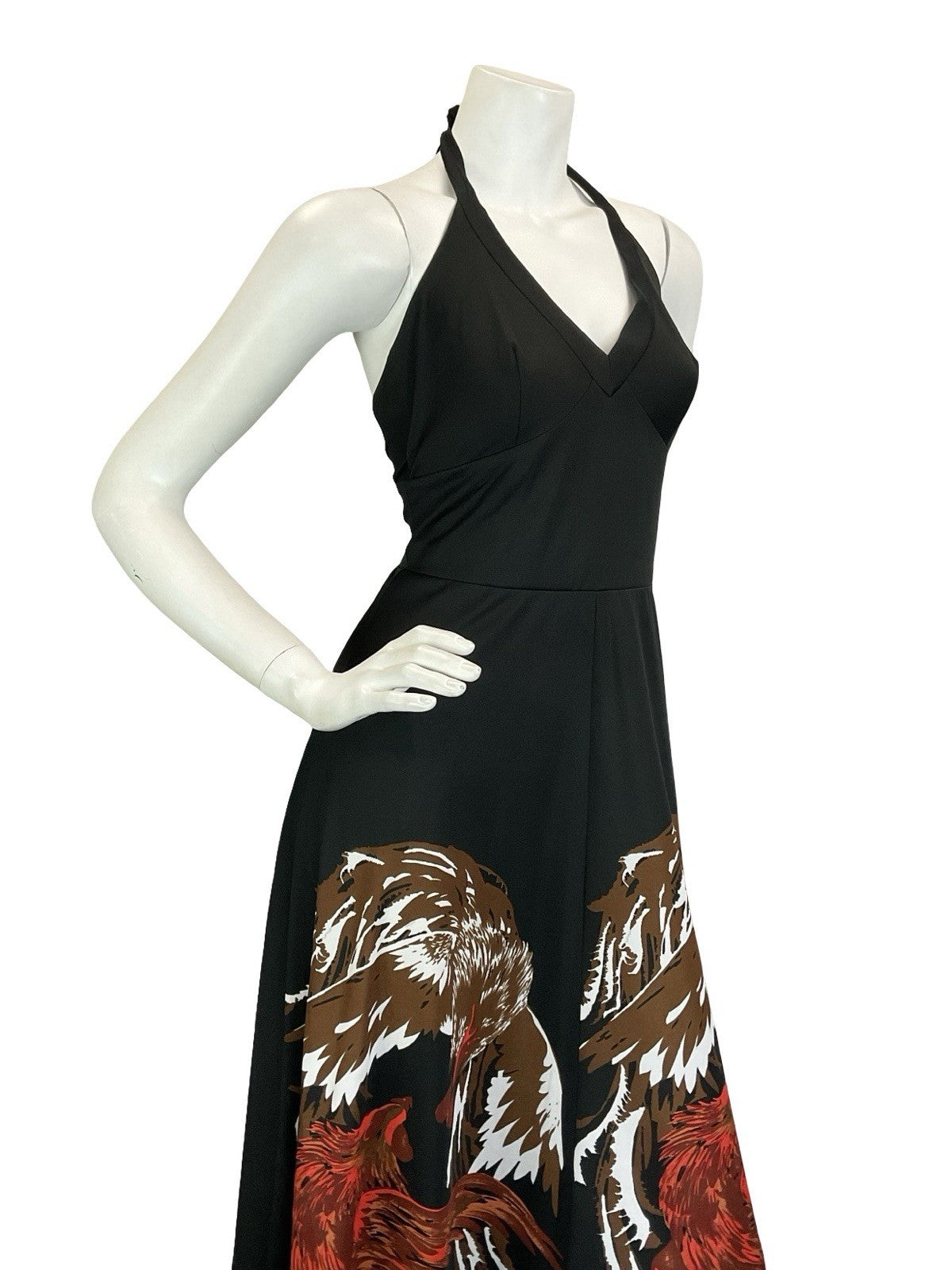 VTG 60S 70S BLACK BROWN WHITE RED ROOSTER CHICKEN HALTER NECK MAXI DRESS 8