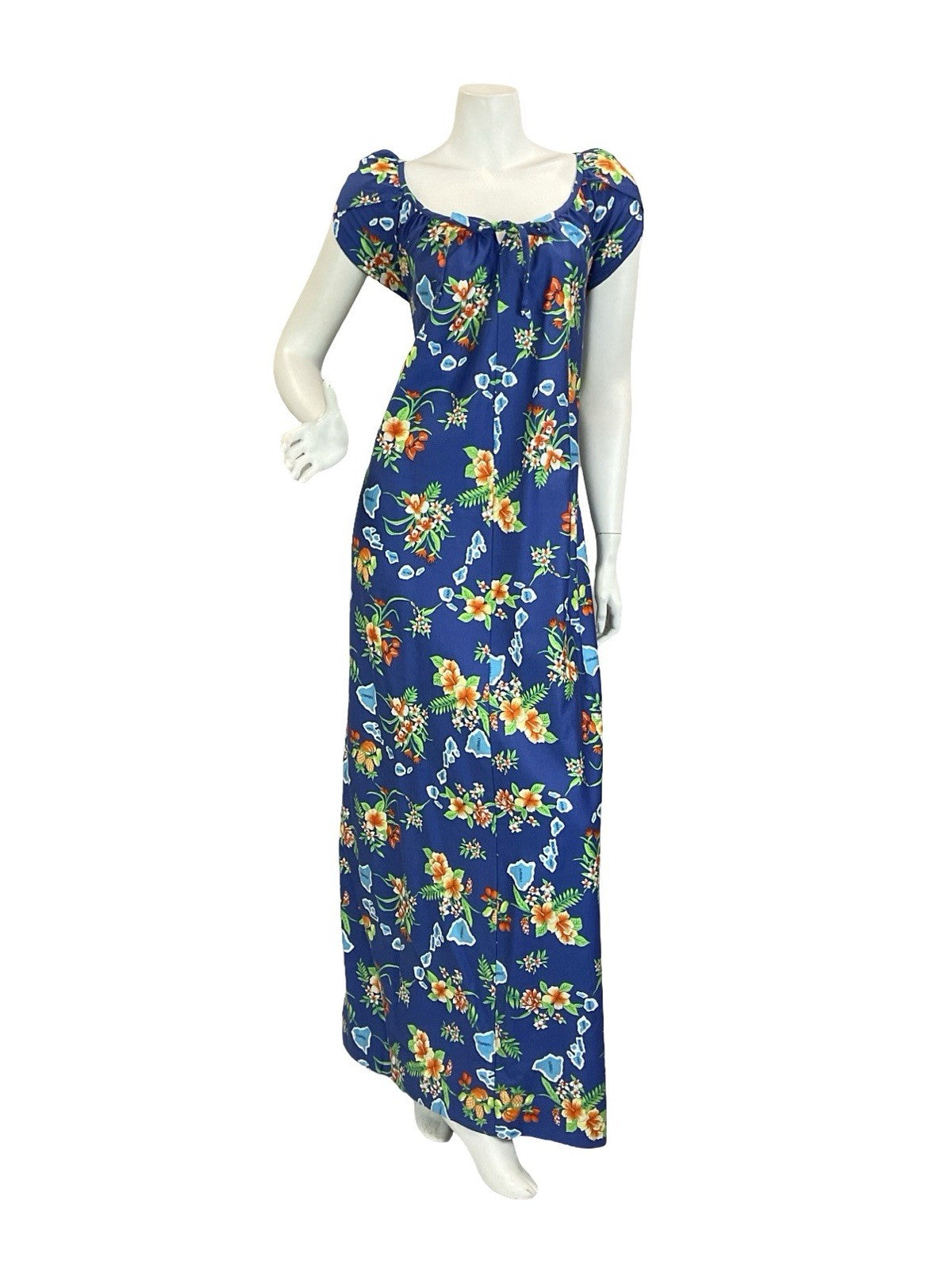 VTG 70S BLUE ORANGE GREEN WHITE HAWAIIAN ISLAND FRUIT HIBISCUS MAXI DRESS 16