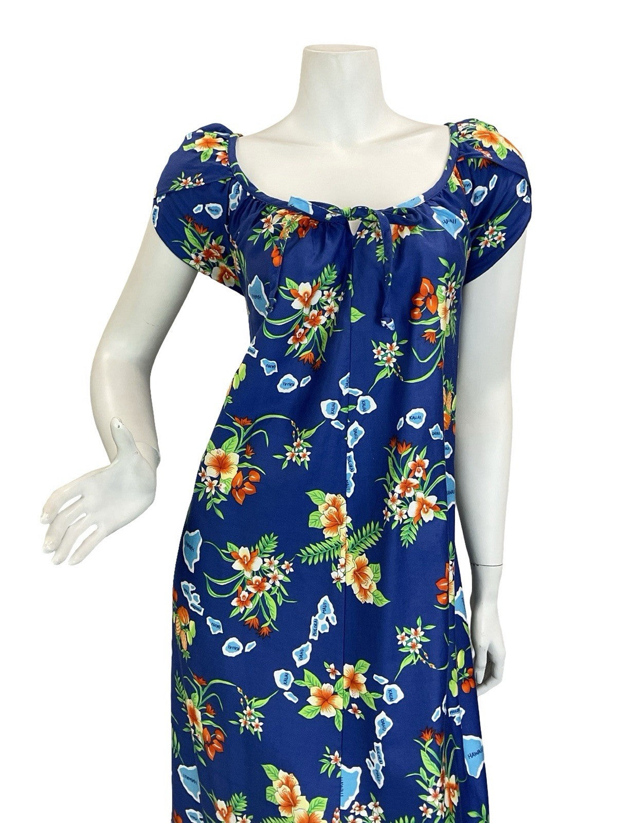 VTG 70S BLUE ORANGE GREEN WHITE HAWAIIAN ISLAND FRUIT HIBISCUS MAXI DRESS 16
